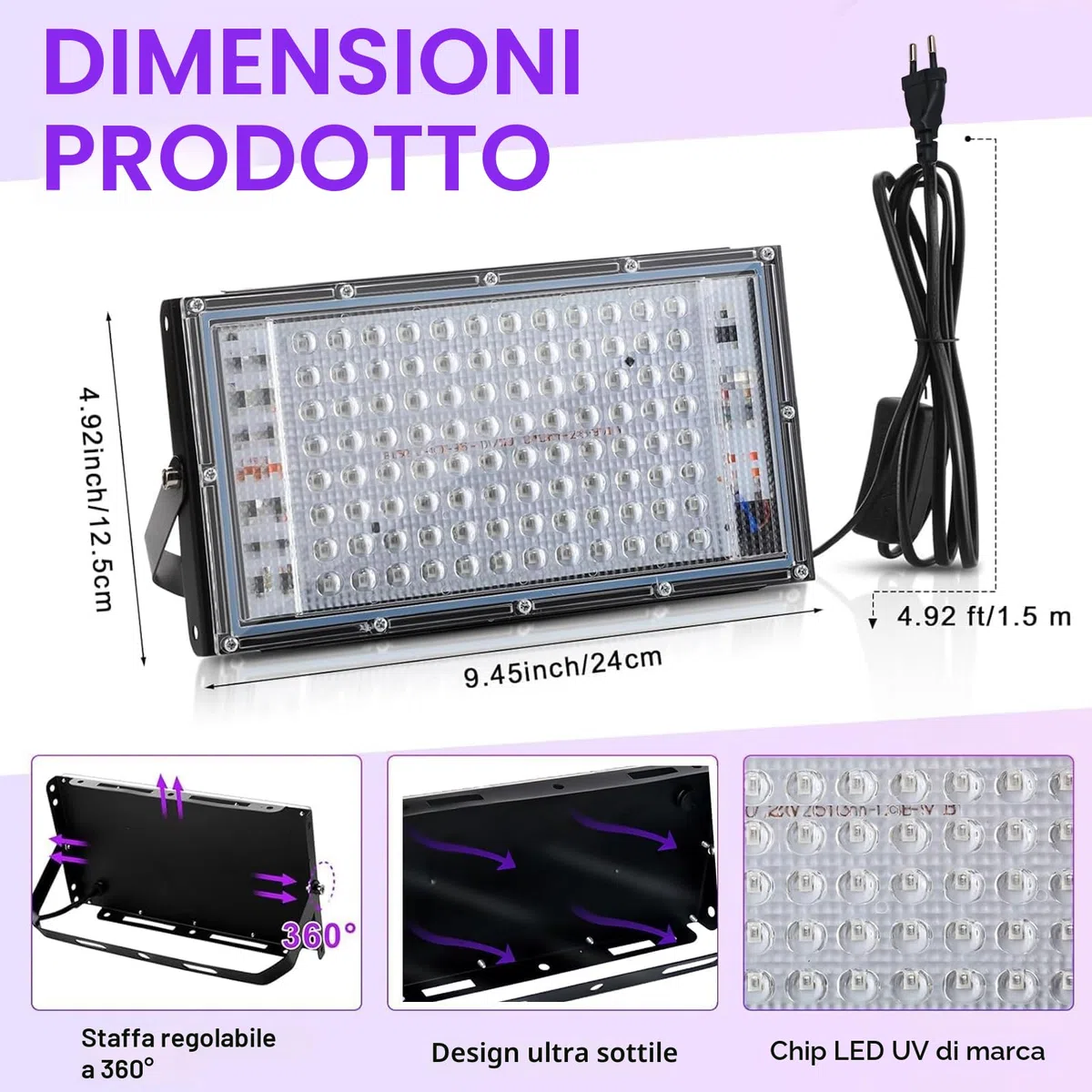 CREATESTAR LED Luce Nera 100W, Faro UV LED IP65 Impermeabile Faretto UV con 1,5m Spina, Lampada per Festa Glow, Acquario, Bar, Poster Fluorescente, Halloween, Discoteca (100W(1PCS))