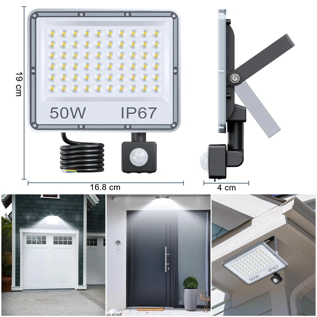 Faretto con Sensore di Movimento 50W, 5000LM 6500K Bianca Fredda Faro LED Esterno con Sensore Movimento, Impermeabile IP67 Luce LED Esterno per Giardino, Terrazza, Garage, Cortile