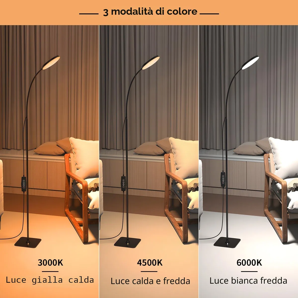 Mojimdo 160LED Lampada da terra [3 colori e 10 luminosità] Lampada da lettura LED sottile da terra, luce a collo d'oca flessibile regolabile e dimmerabile per camera da letto per bambini, ufficio