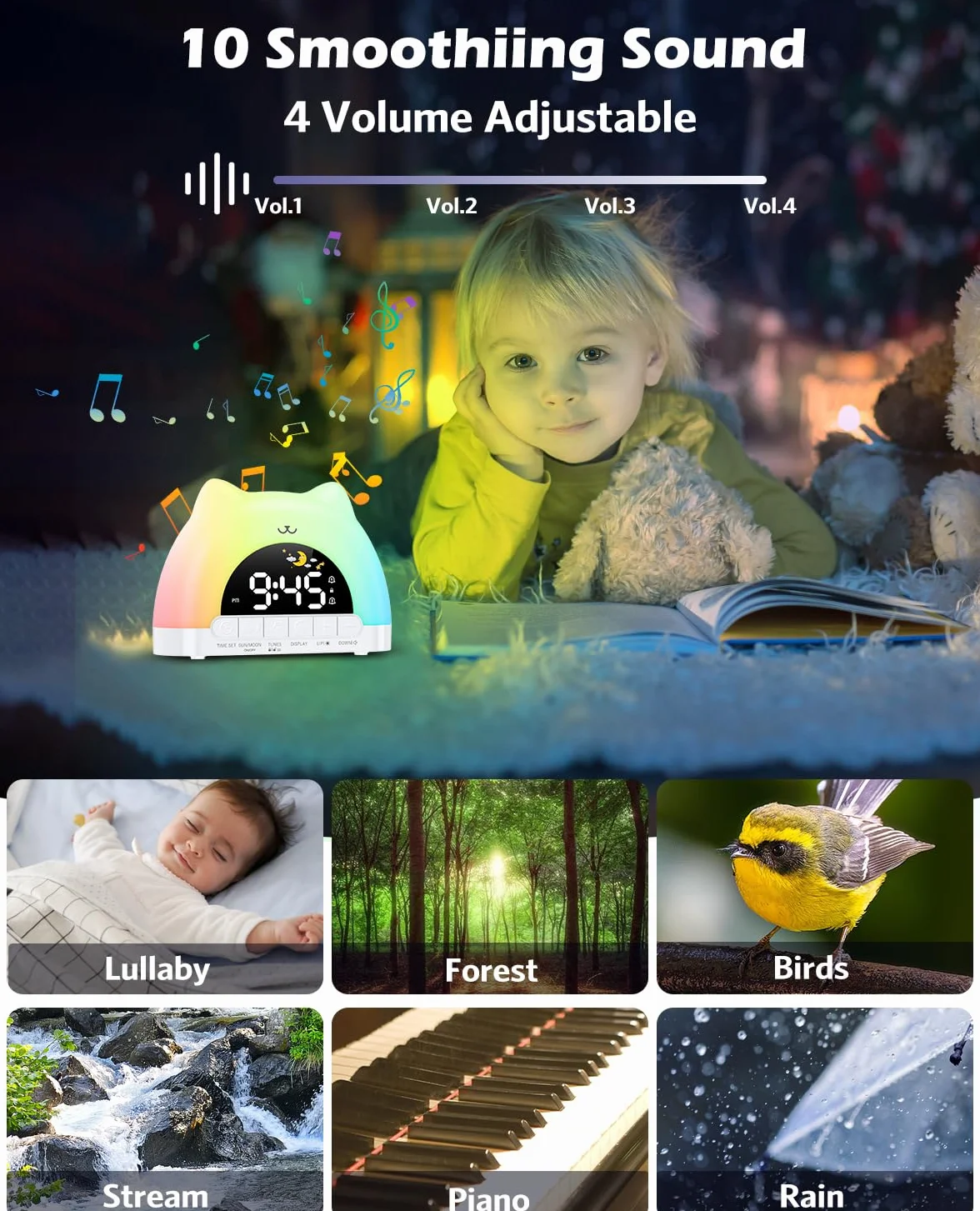 Sveglia Bambini Giorno Notte, Sveglia da Comodino con Luce Notturna a 11 Colori RGB, Snooze, 2 Allarmi, Sveglia Digitale per Bambini con Luna e Sole, Addestratore del Sonno per Bambini
