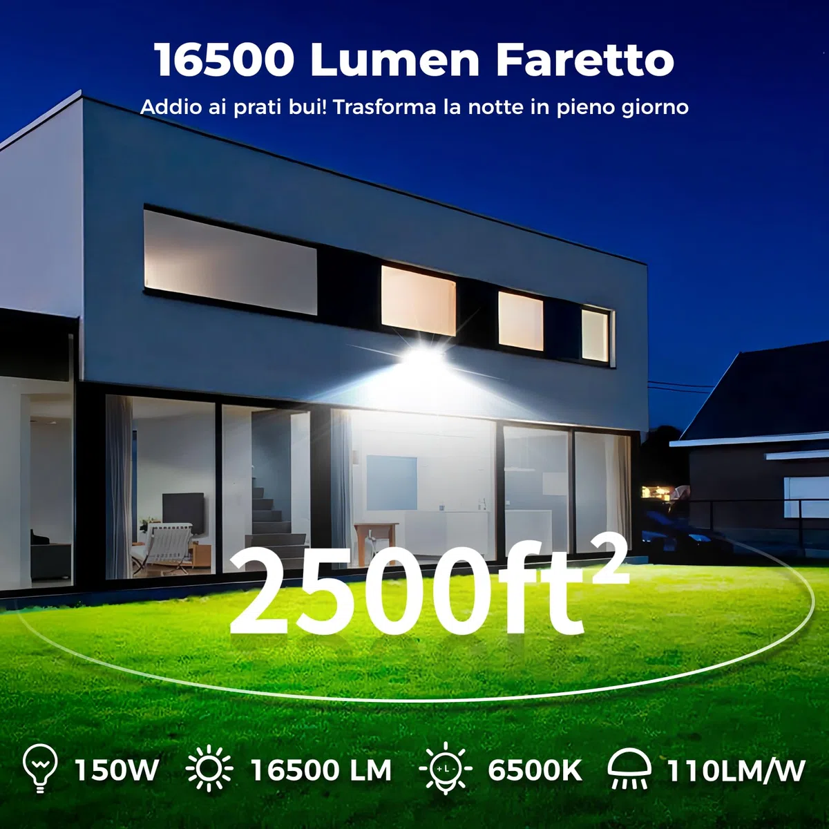 Faretto LED da esterno 150W Industriale 16500LM 6500K Luce Giorno IP66 Impermeabile, Dissipazione Termica Efficiente, Risparmio 85% Faretti LED Esterno per Corti/Magazzini/Garage (1pcs)