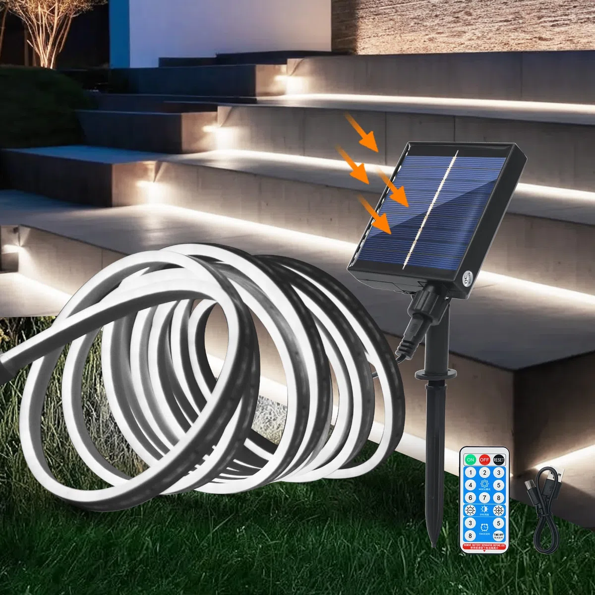KISUFU 12V Neon Striscia di Luce Solare Outdoor,SMD 2835 120 Led/m IP67 impermeabile Striscia luminosa a energia Solare con telecomando,8 modalità, Strisce luminose per giardino, portico,casa,patio