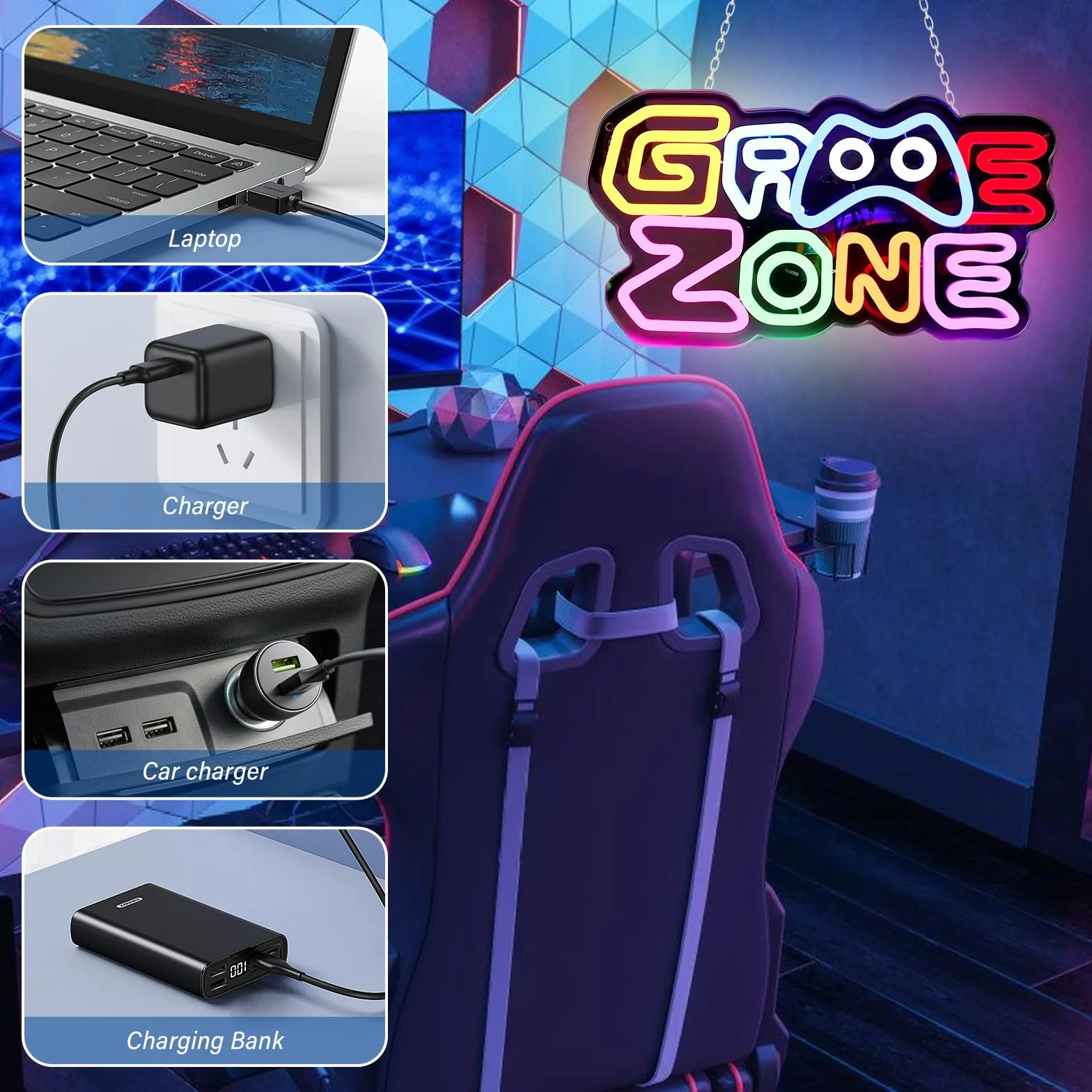BAIFULAI Gaming Zone Insegna al Neon, LED Gaming al Neon Colorato, Luce al Neon USB Letter Game per Decorazione da Parete, Insegna al Neon per Zona Gaming, Grotta dell'Uomo, Regali Insegna LED per
