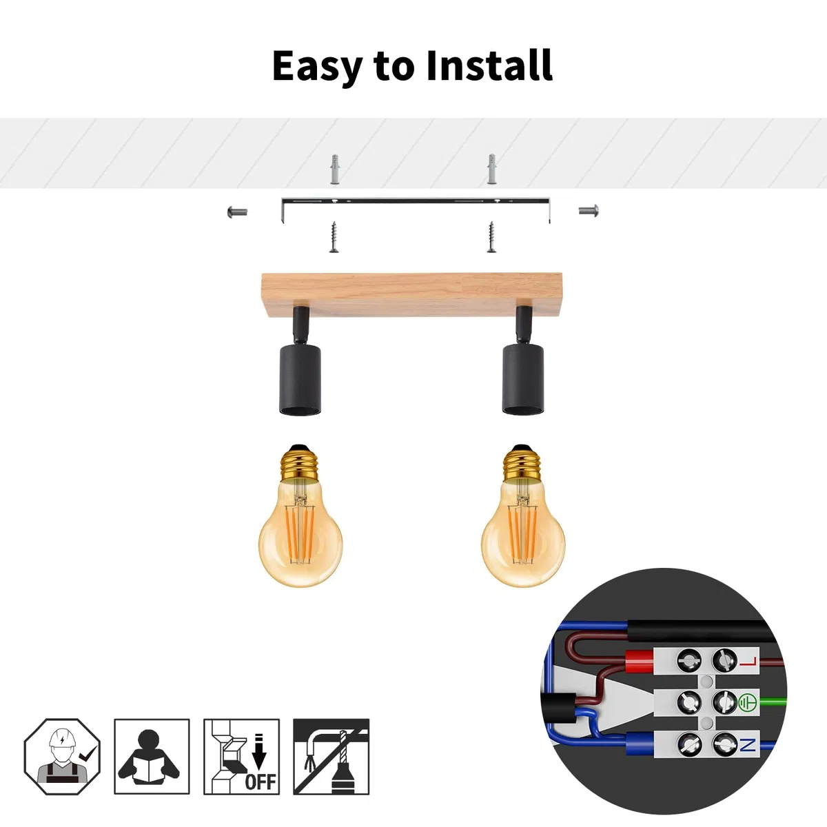LVWIT Faretti LED da Soffitto Orientabili Nero, Faretto da Interno con 2 Lampadine LED E27, Base di Legno, Faretti Soffitto Retrò per Barra, Salotto,Cameretta, Cucina (Lampadine Escluse)