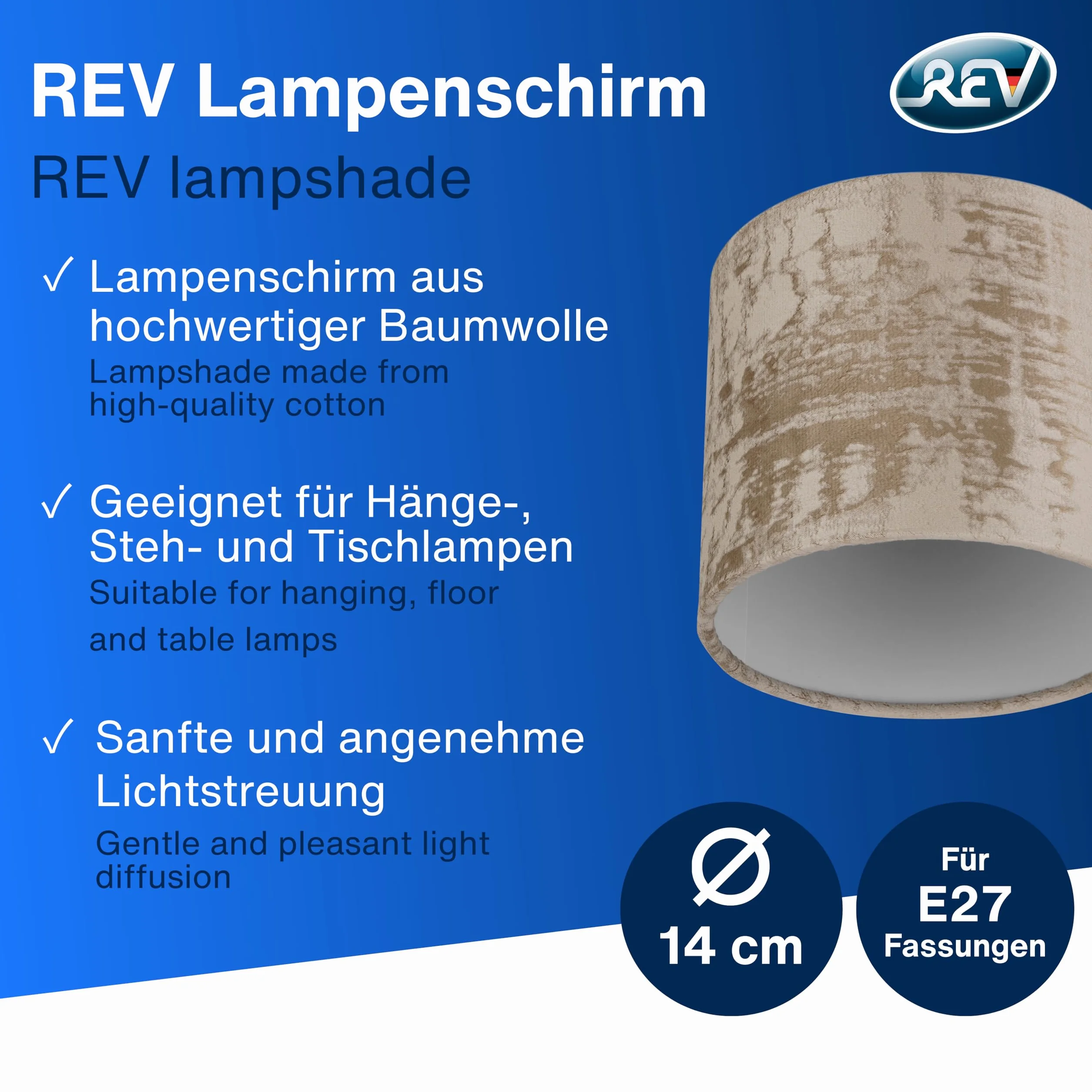 REV Paralume di ricambio rotondo in stile vintage in cotone di alta qualità, diametro 14 cm, per lampada a sospensione e lampada da tavolo, attacco E27, tortora
