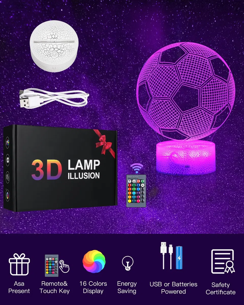 Yulado Luci Notturna 3D, Lampade 3D Illusione Ottica Luce Notturna con 16 Cambi di Colore e Telecomando, Regalo de Calcio per Bambini 7 anni maschio