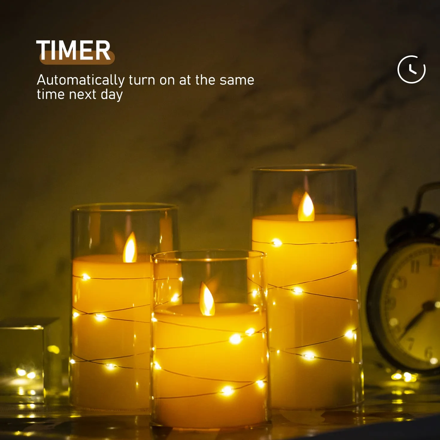 Candele LED con Glass Effect, Fiamma Oscillante, Candela a Batteria Senza Fiamma con Timer e Telecomando, Candele Elettriche, Set di 3, Diametro 7.6 cm, Altezza 10.2 12.7 15.3 cm