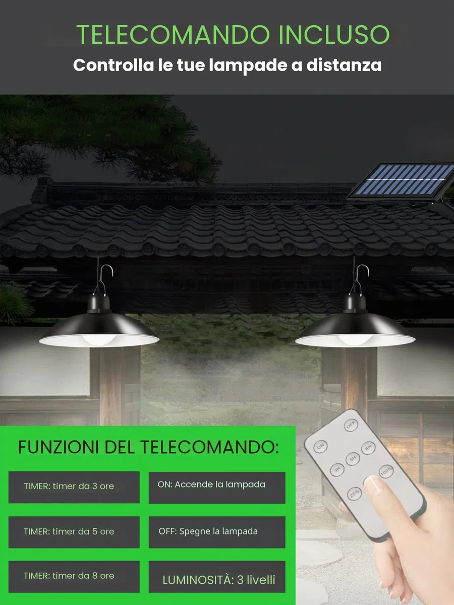 2 Lampade a Sospensione Solari da Esterno con Pannello Solare. Luci 30LED impermeabili IP44 con Telecomando e Cavo da 3 m. Illuminazione Calda 3500K per Giardino, Terrazzo, Patio, Garage.