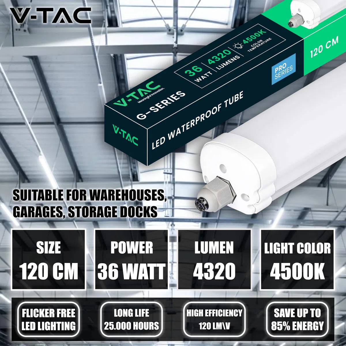 V-TAC Plafoniera LED Impermeabile 120 CM da Esterno - 36W - PRO SERIES - Lampada Rettangolare da Soffitto e Parete - 4320 Lumen - per Garage, Negozio, Magazzino - Tubo LED - Luce 4500K Bianca Naturale