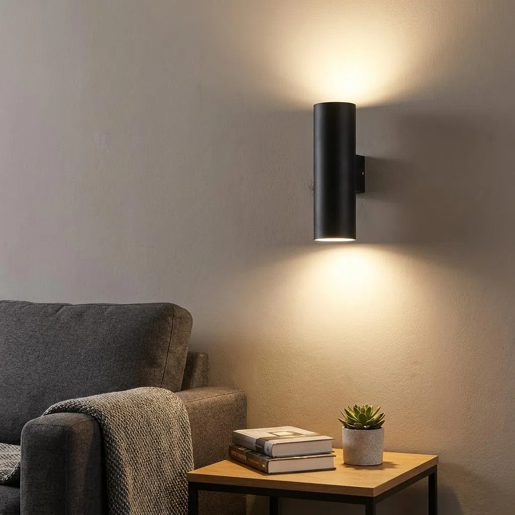 Alpinaluz Applique da Parete Up & Down con 2 Attacchi GU10, Design Cilindrico in Metallo, Lampada Decorativa da Interno per Corridoio, Camera e Soggiorno, IP20 (Nero)