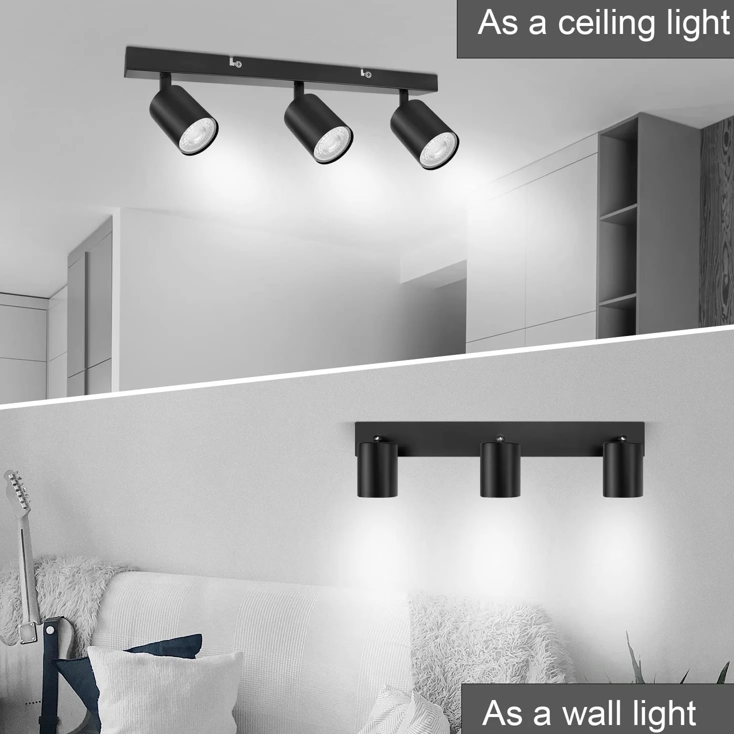 Lampada Faretti da Soffitto LED Orientabili, Faretti da Parete Interno GU10 Nero, Lampadario LED Moderna da Soffitto per Camera da Letto Cucina Soggiorno, Lampadina GU10 non Inclusa