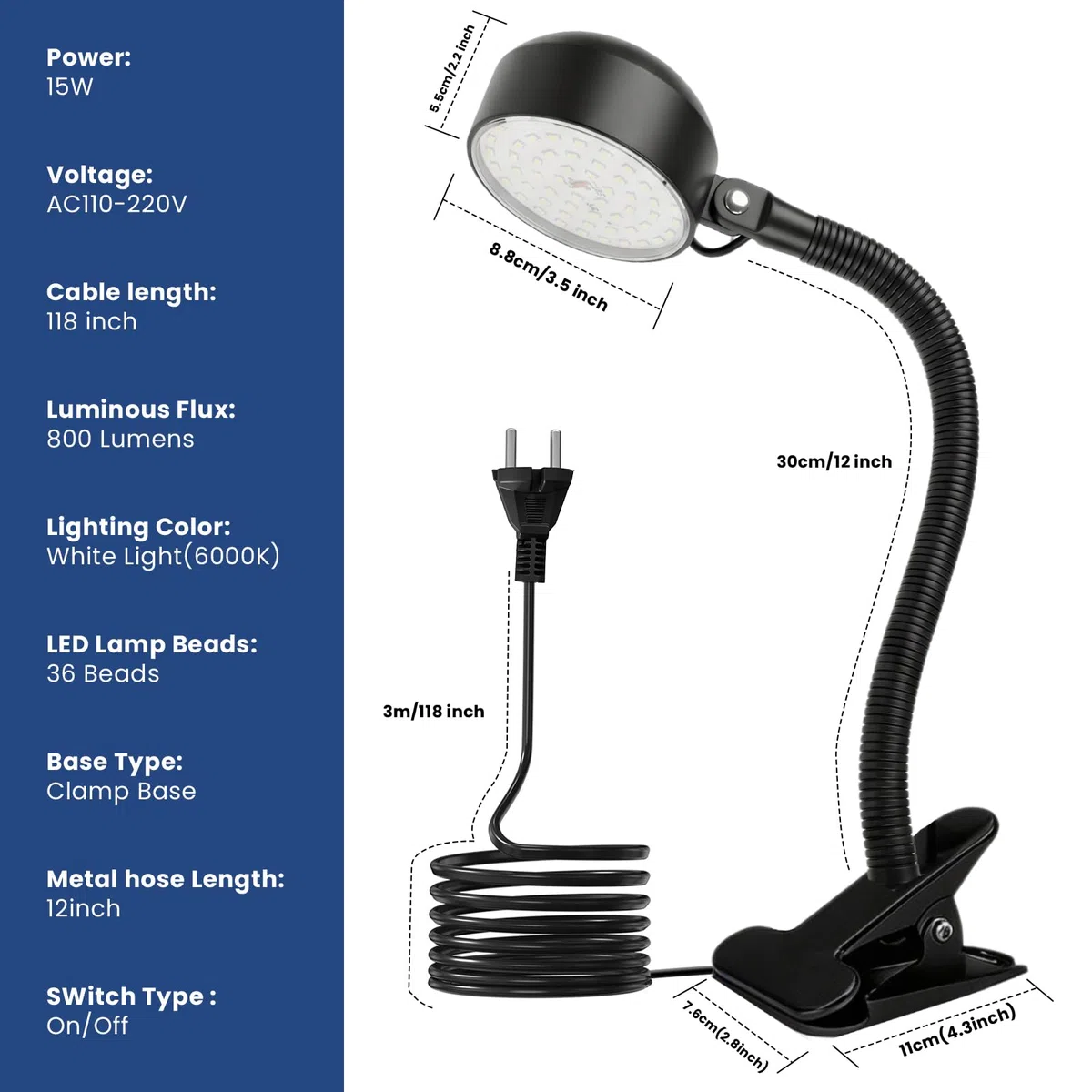 15W Lampada da Lavoro, Lampada con Pinza da 6000K con Collo d'Oca Flessibile e Clip Resistente,Lampada da Banco per Banco da Lavoro,Tornio,Macchina da Cucire,Griglia,Industriale