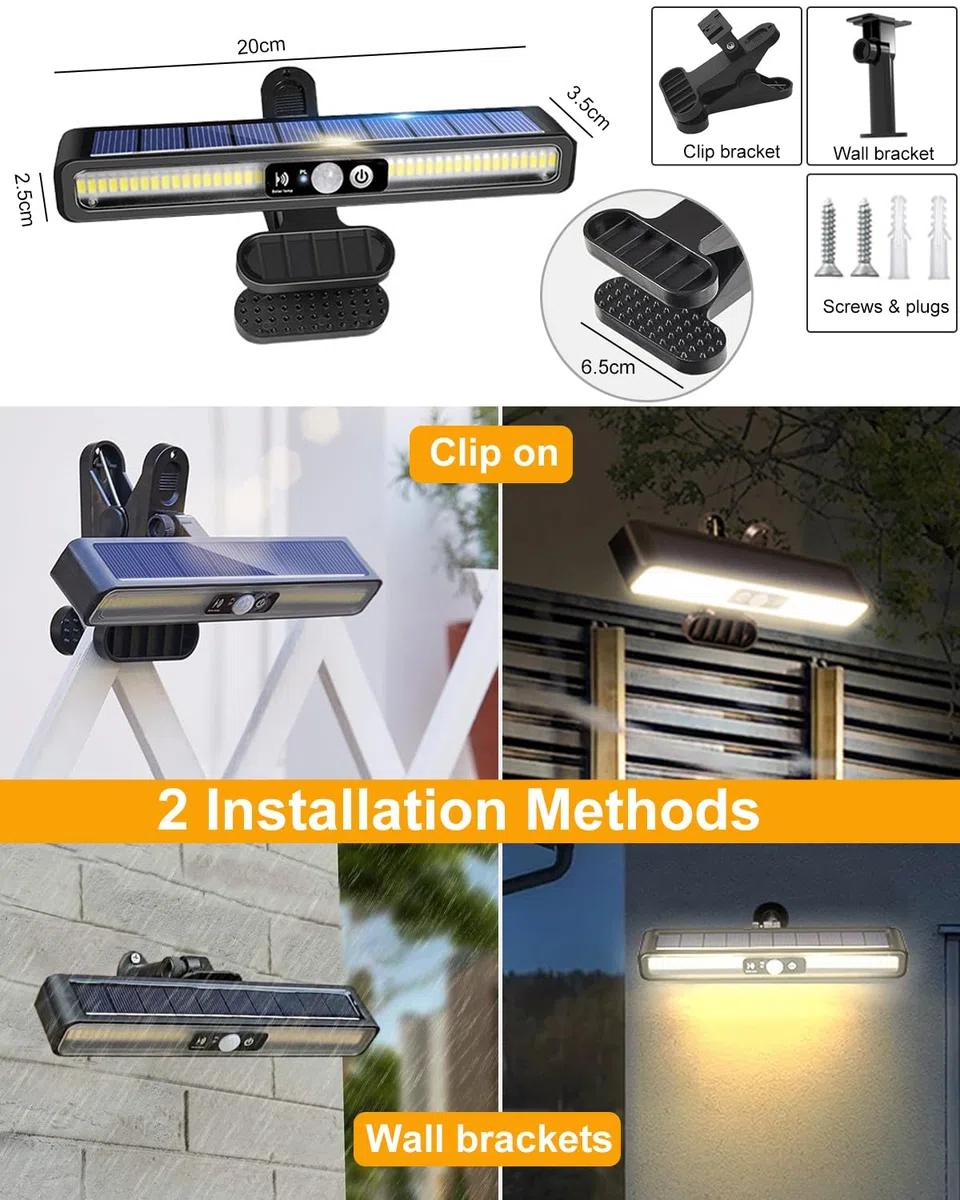 Luci Solari da Giardino, 2 pezzi Clip a Faretti Solari LED Esterno con Sensore di Movimento, IP65 Impermeabile 3 Modalità Lampade Solari Luce Calda Illuminazione per Giardino,Patio,Recinzione