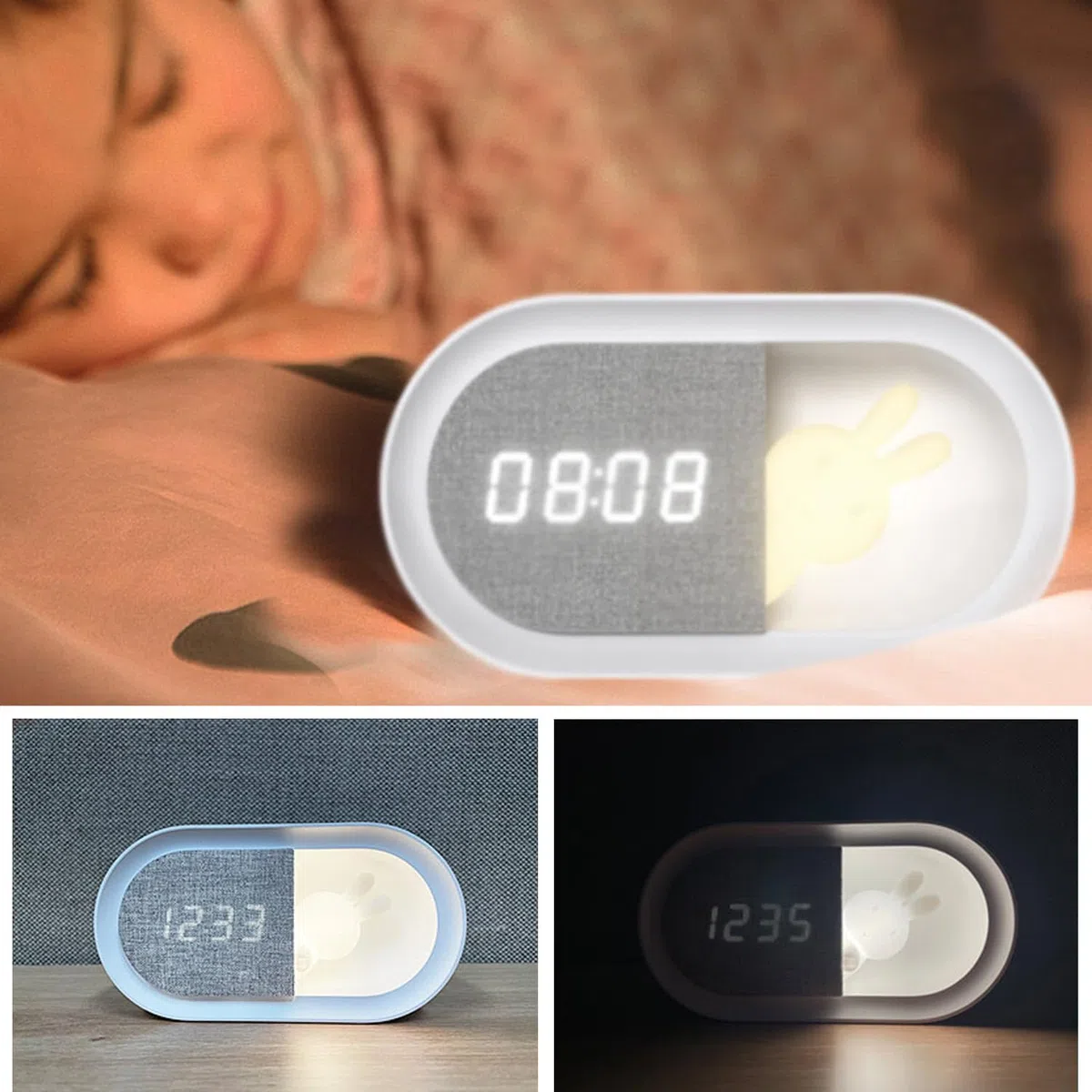 Forever Sveglia con coniglietto luminoso a LED PURE FNL-05 INGRID - Sveglia, lampada da comodino per la camera dei bambini, decorazione, orologio digitale, orologio wireless, USB-C, da letto, motivo