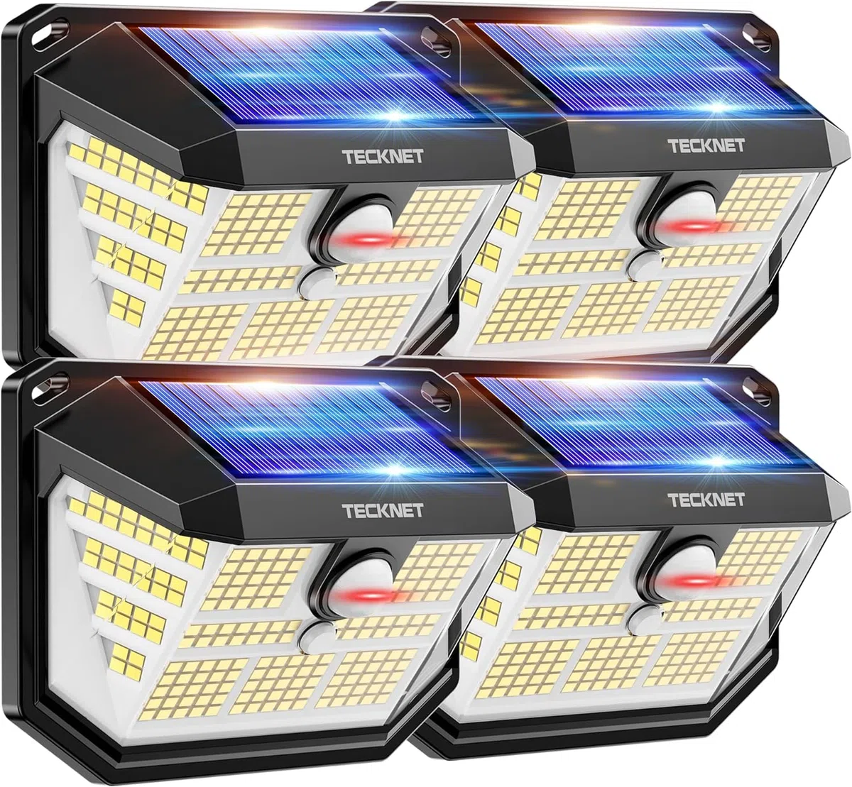 TECKNET Luci Solari Esterno, 231 Faretti Solari a Led da Esterno, 300° Super Luminoso, 3 Modalità con Sensore di Movimento, Lampada da Parete Impermeabile IP65 per Giardino, Patio e Garage - 4 Pezzi