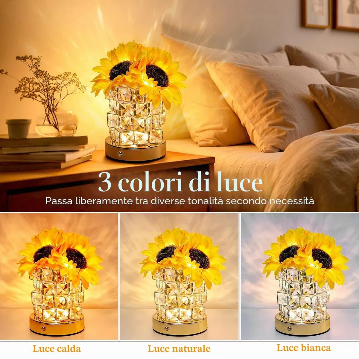 Idee Regalo Donna, Mamma, Amica, Fidanzata - Fiori Lampada Girasole Artificiale, Luce Notturna Ricaricabile, Regali per Compleanno, Festa Della Donna, Mamma, Soprammobili Moderni per Camera da Letto