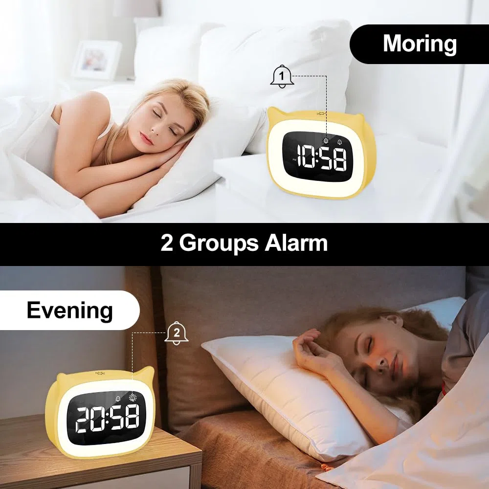 Sveglia Bambini da Comodino, Sveglia Digitale con Led Numeri Grandi, Carina Gatti, Luce Notturna Funzione Snooze Timer 18 suonerie 5 modalità comodino per Bambin Porta di Ricarica USB (Giallo)