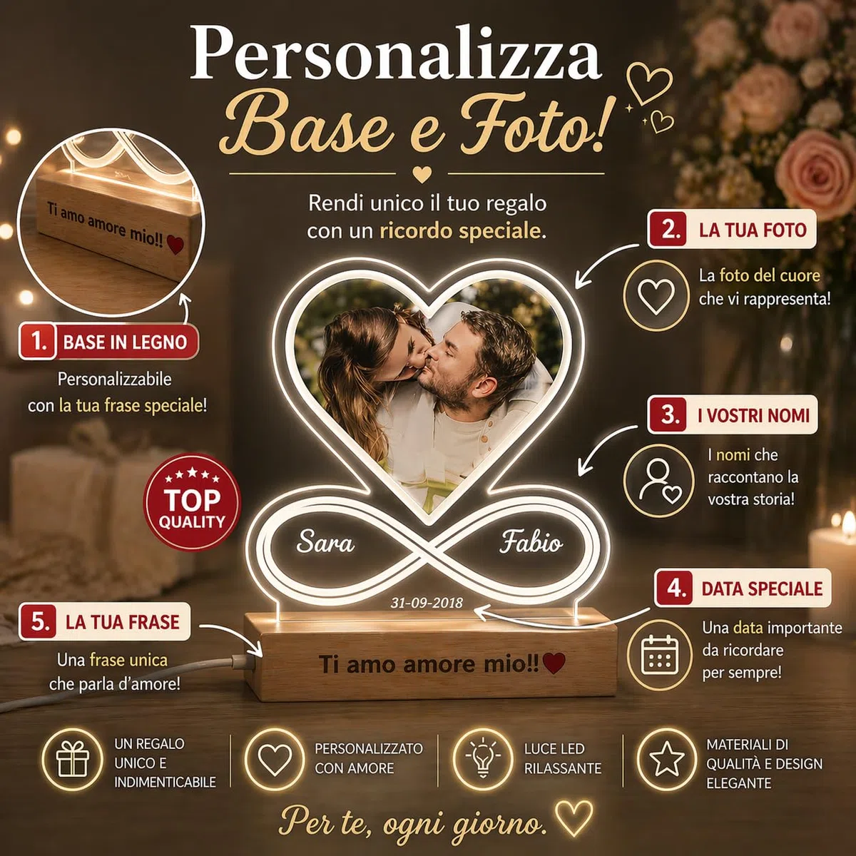 SBUGATTA |Lampada Personalizzata Con Foto |Idea Per lei e Lui |Festa della Mamma |idea San Valentino |Regalo Anniversario | Natale | Matrimonio(Cuore-Infinito)
