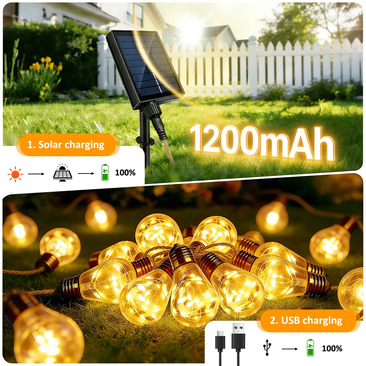 Caldarax 8M 16 LEDs Catena Luminosa Esterno Solare, Corda di Canapa Luci Solari Esterno, 8 Modalità, IP65 Impermeabile, Decorazione per Giardino, Cortile, Patio, Albero, Natale(Bianco Caldo)