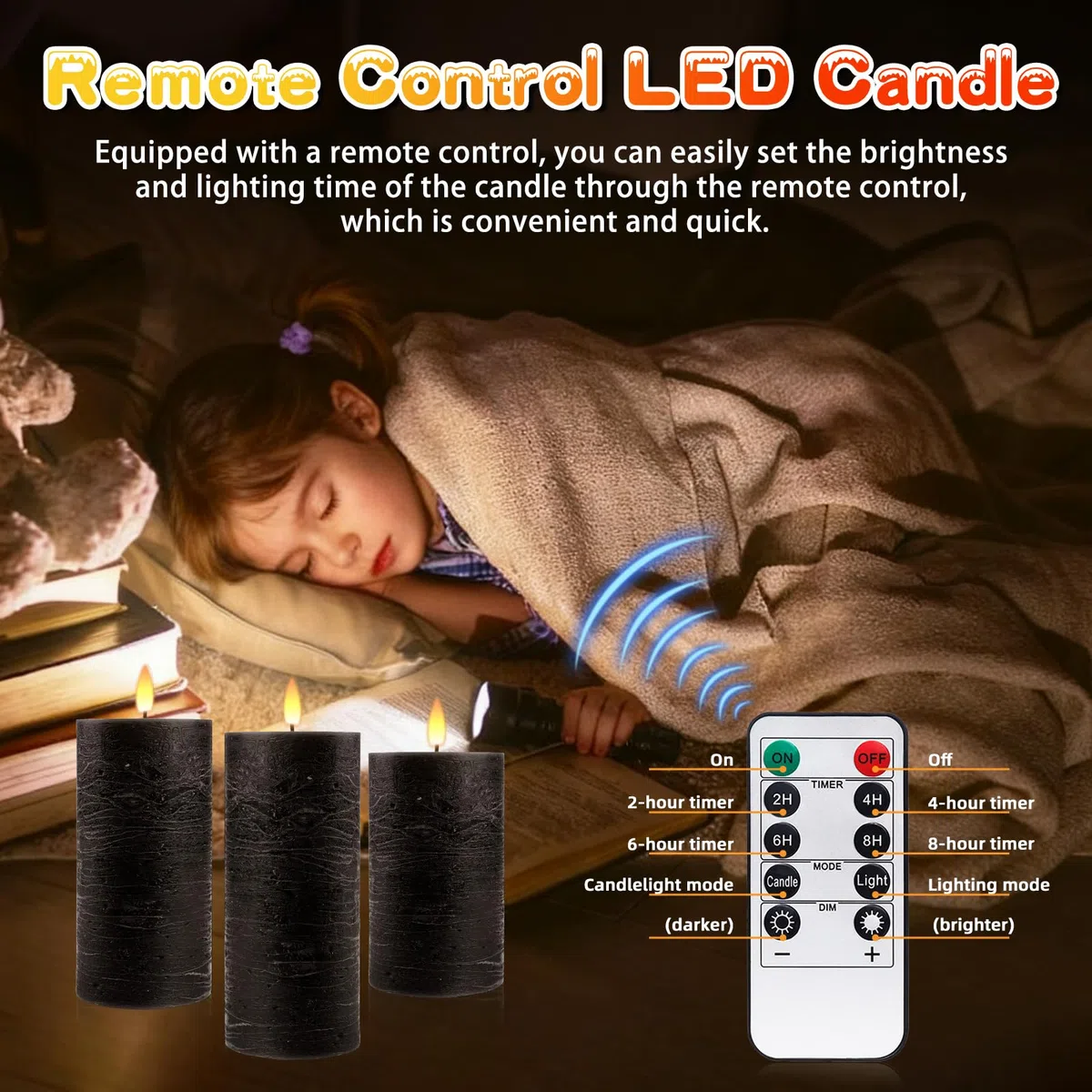 Candele LED Ricaricabili, [Set di 3] Candele a Colonna in Vera Cera, Senza Fiamma Candele LED con Cavo USB, con Telecomando a 10 Ttasti e Funzione Timer per Casa Festival Decorazioni - Nero