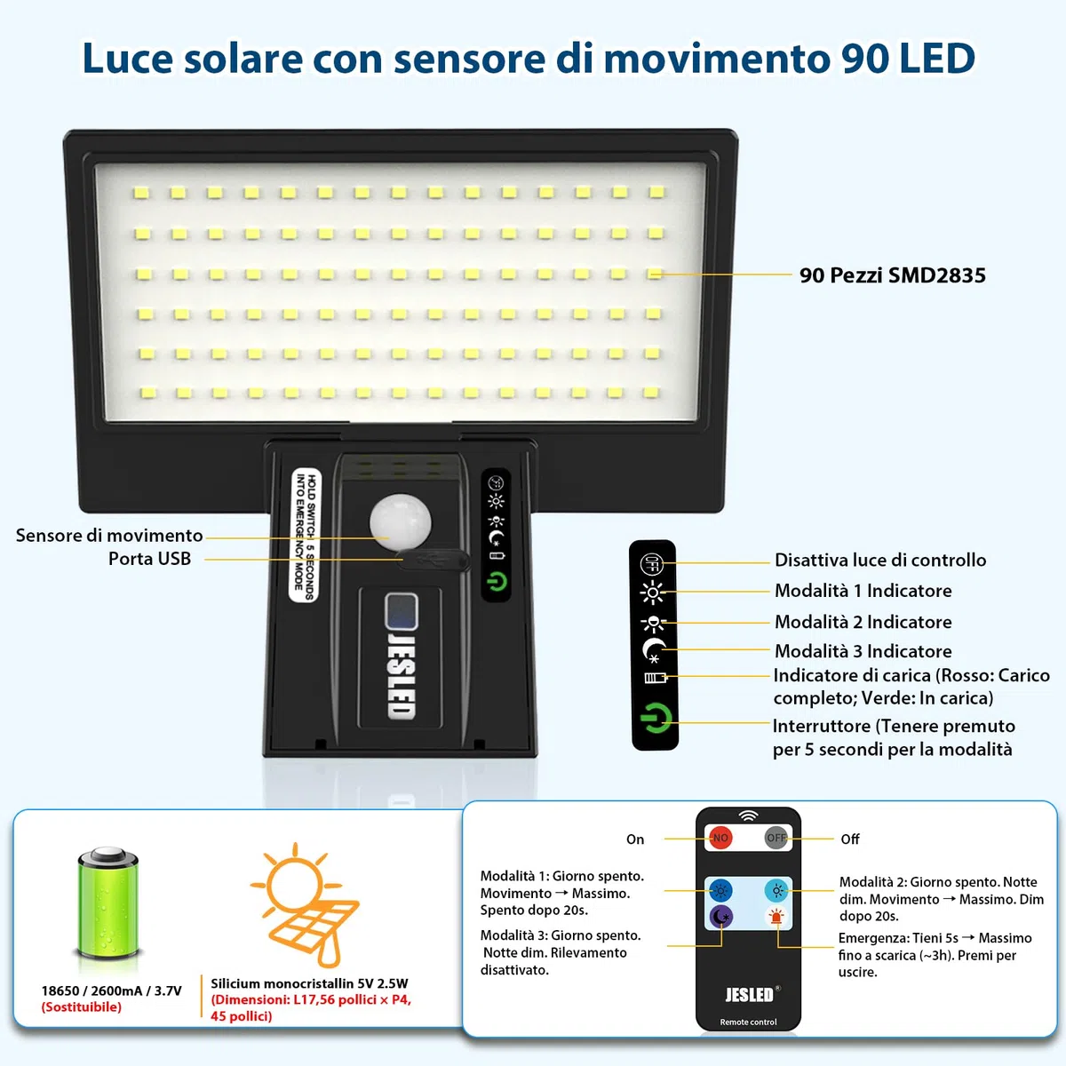 JESLED Luce Solare con 90 LED, Lampada da Esterno con Sensore di Movimento, 4 Modalità di Illuminazione Opzionale, Lampade Impermeabile, per Giardino, 1 Pezzi