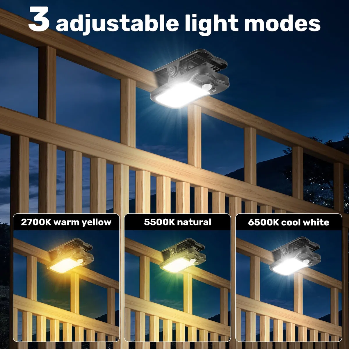 Luci solari con movimento a clip per esterni, luminosità 800 lm, 3 modalità e 3 temperature di colore, ricarica USB e telecomando, luce di inondazione impermeabile per recinzioni, grondaie