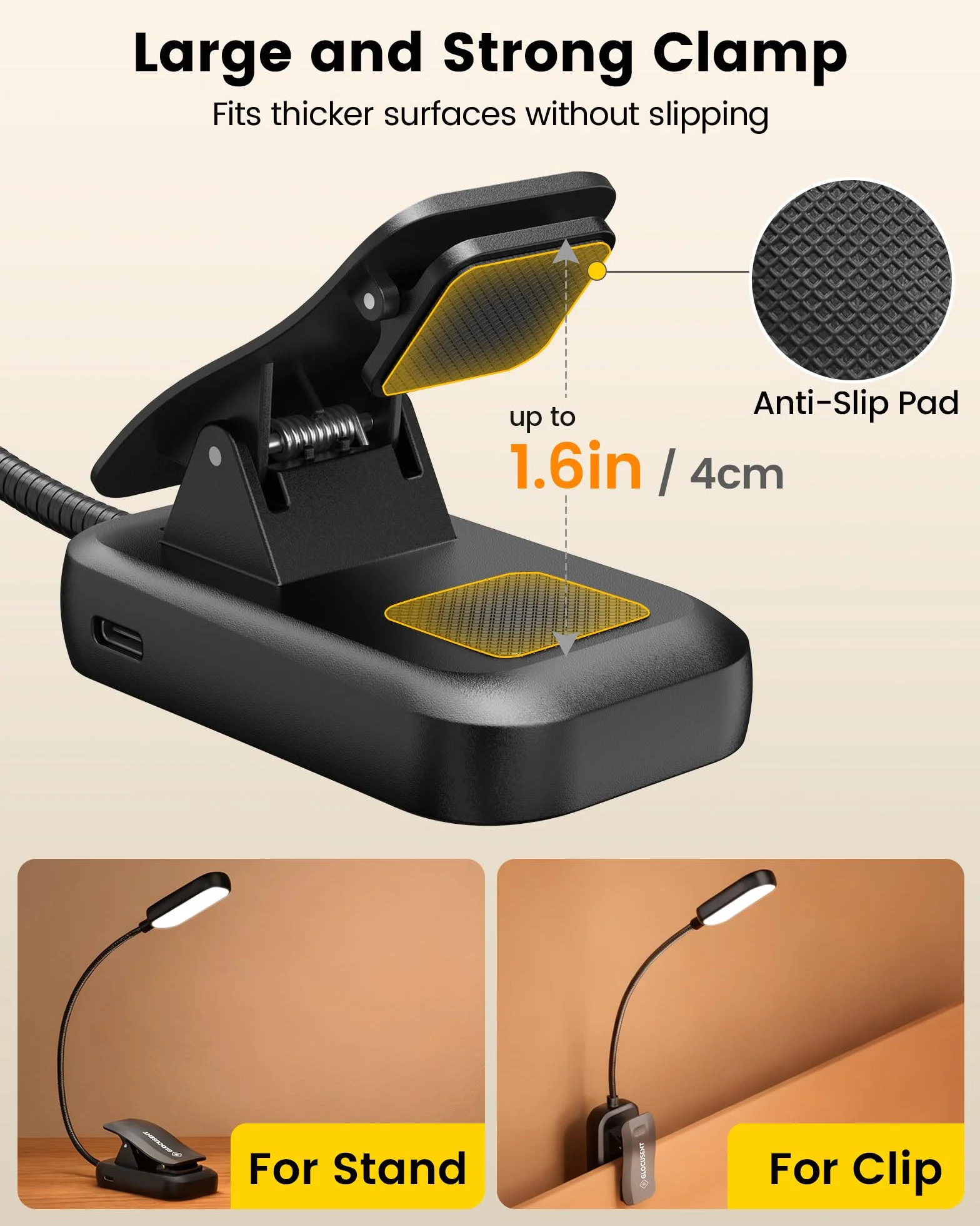 Glocusent - Lampada da lettura con morsetto, 20 LED, lampada da lettura ricaricabile tramite USB, 5 modalità di temperatura del colore, lunga durata, luminosità regolabile senza scatti, lampada da