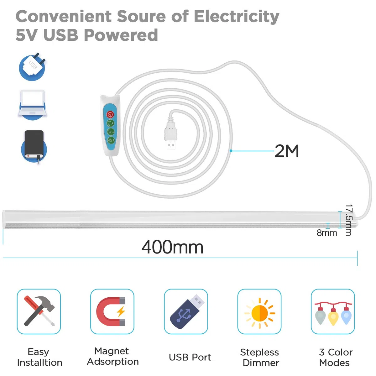 Lampada da incasso a LED, 40 cm, 650 lm, 7 W, dimmerabile, 3 colori di luce, bianco freddo/bianco neutro, facile da montare, lampada da cucina, armadio, cavo da 2 m, con alimentatore di rete USB