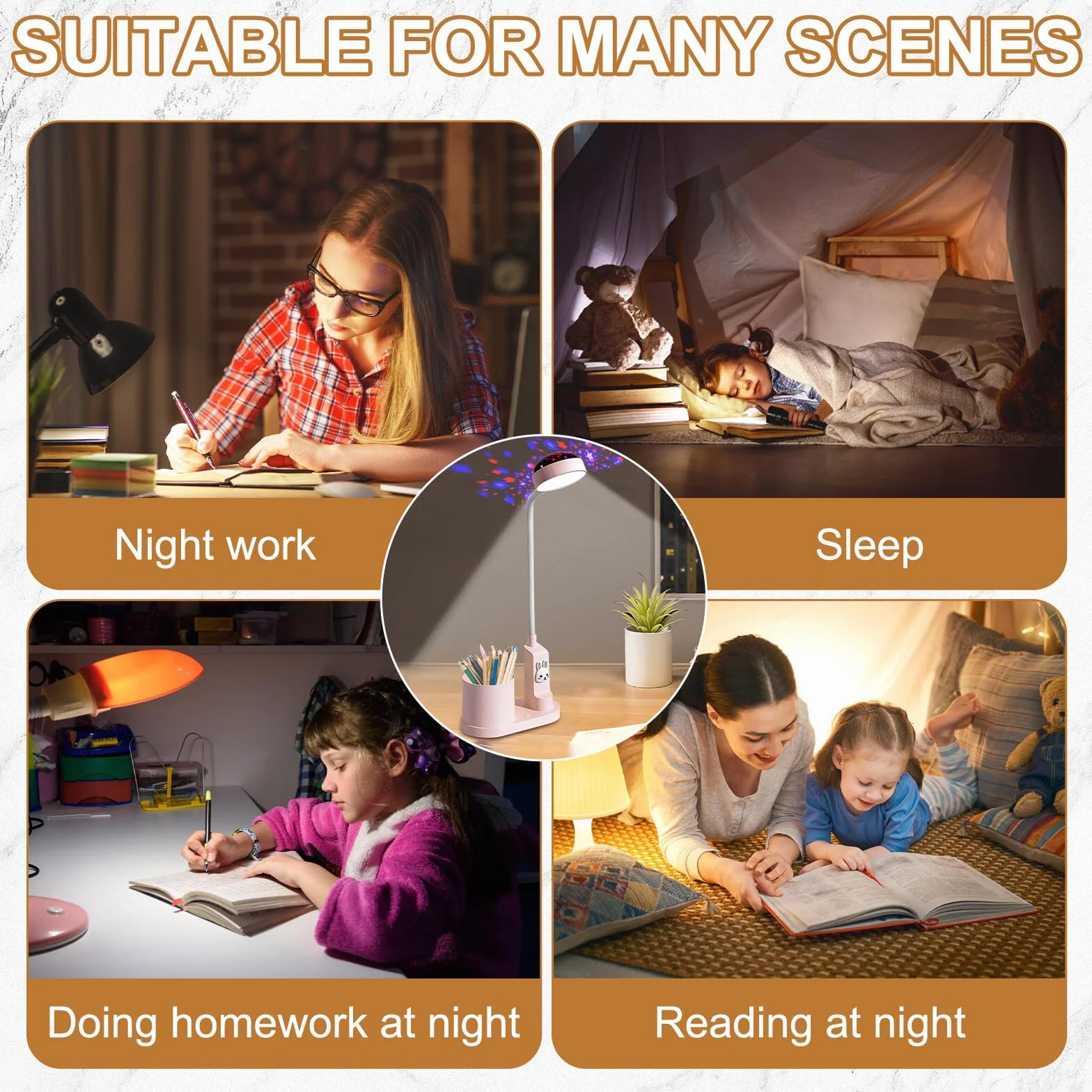 Aicharynic Lampada da Scrivania per Bambini: Lampada da Notte LED con Port penna, Lampada da Tavolo Dimmerabile con Proiezione di Stelle, Regolabile a 360°, per Cameretta (Rosa)