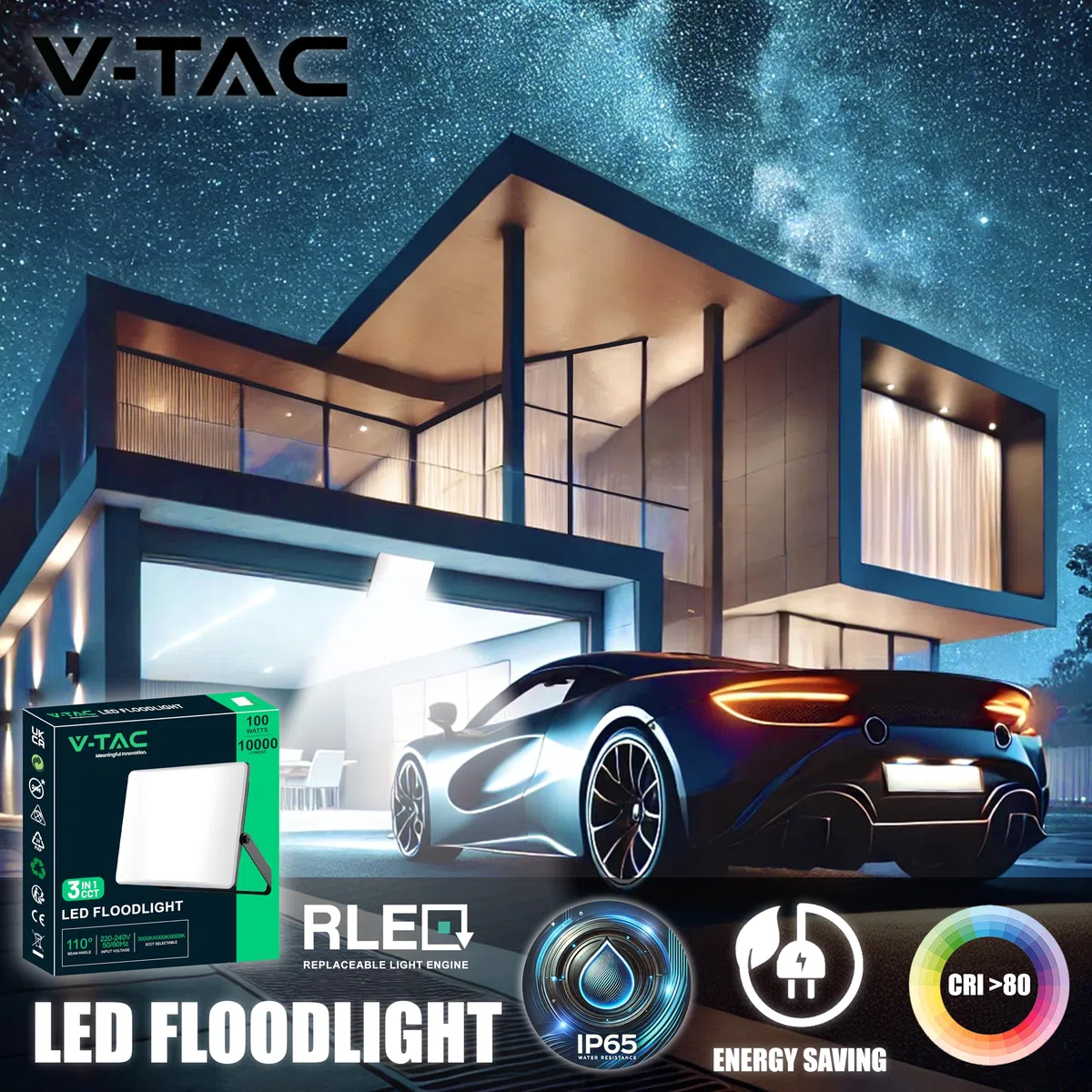 V-TAC Faro LED da Esterno 100W - [Chip Samsung + Tecnologia RLE + Innovativa Copertura in Policarbonato] - Alta Luminosità: 10000 Lumen - IP65 - Faretto LED Casa, Garage, Magazzino - Luce CCT 3 IN 1