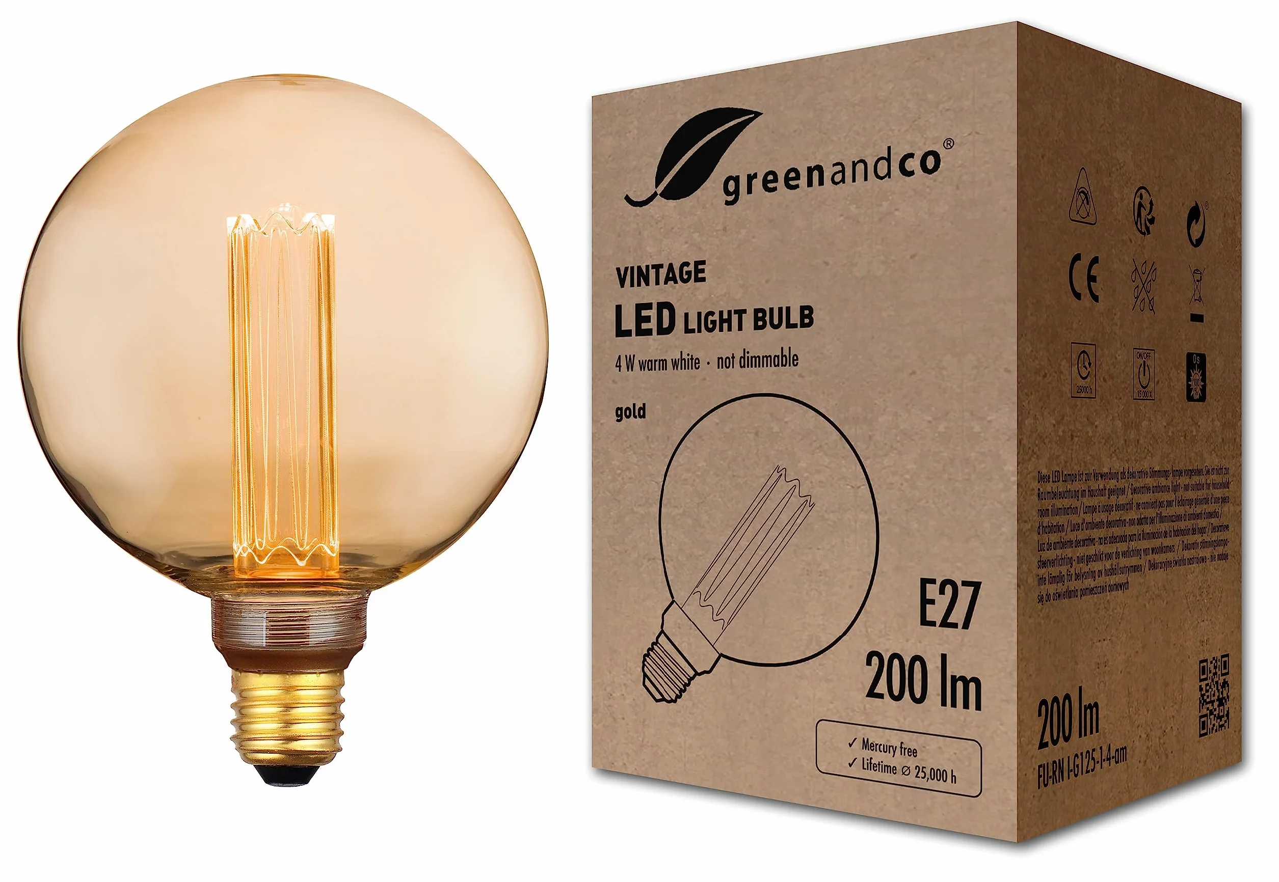 greenandco Lampadina Vintage Edison LED | E27 G125 | ambra | 4W 200lm | 1800K luce extra calda | 320° | 230V | nessun sfarfallio | non dimmerabile