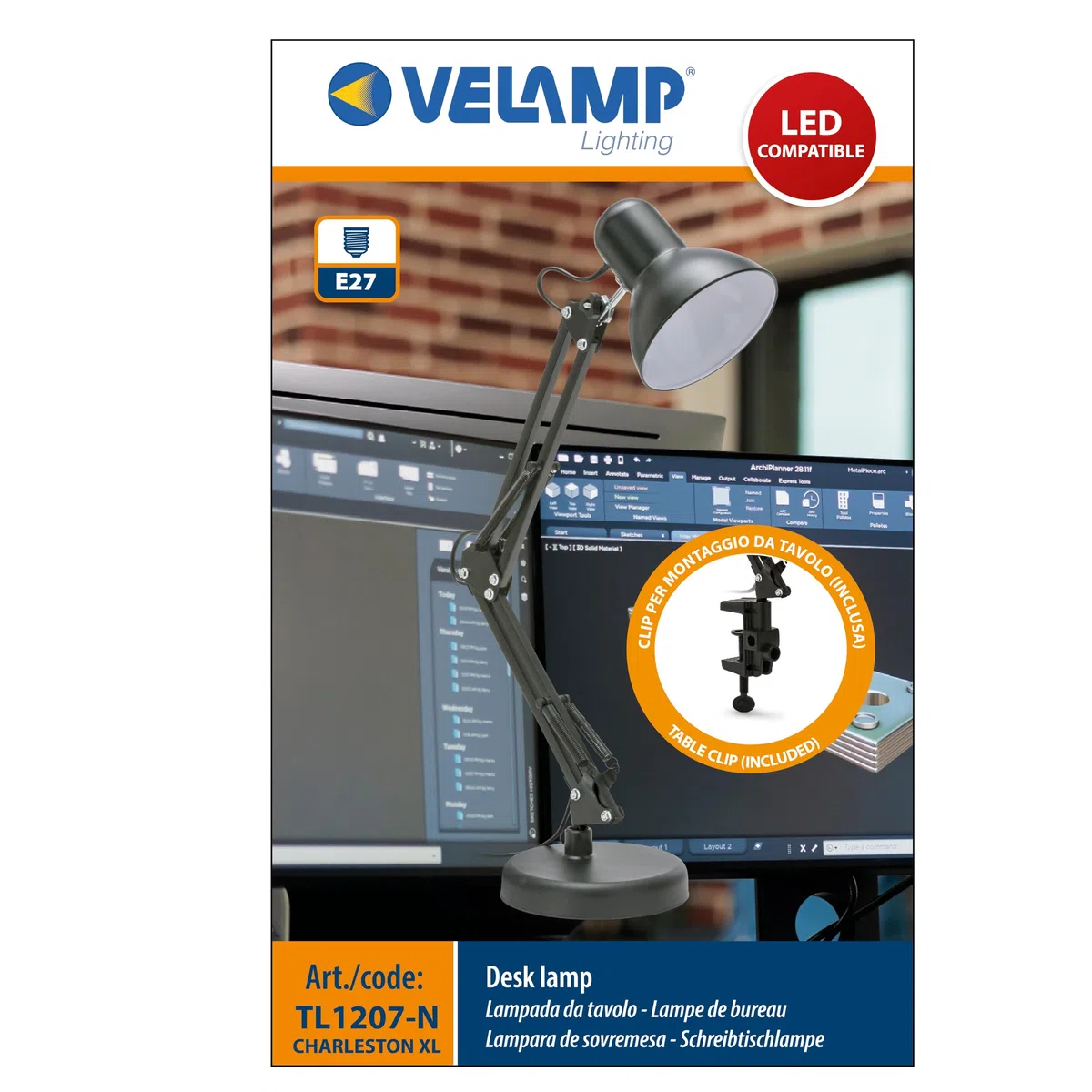 VELAMP - Lampada da Tavolo con Braccio Regolabile Charleston XL, Lampada da Scrivania Design Moderno, Abat Jour da Comodino per Lettura con Pinza da Tavolo - Attacco Lampadina E27, Cavo 150cm - Nera