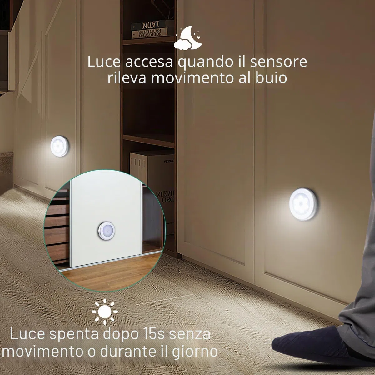 ORIA 6PCS Luce Notturna Sensore Movimento, Luci Armadio Led Senza Fili con Magnete, Auto On/Off, Luce Adesiva a Batteria per Armadio, Corridoio, Scale