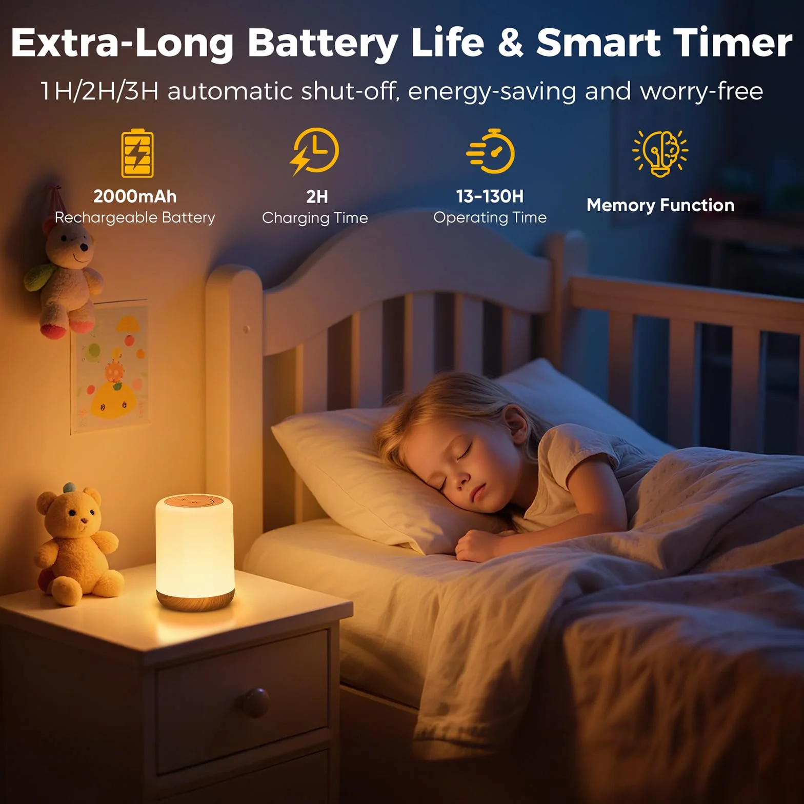 Set di 2 Lampada da Comodino Senza Fili LED, 2000mAh Luce Notturna Ricaricabile, 256 RGB e 3 Modalità Abat Jour da Comodino Luce Notte Bambini con Timer per Camera da letto, Soggiorno