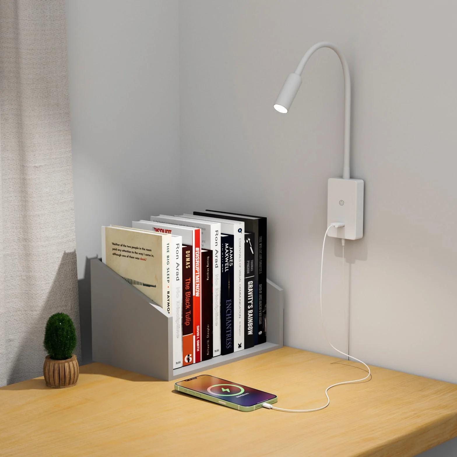ENUOTEK Lampada da Lettura a Luce Dimmerabile a LED, Applique Lettura Letto LED 4000K Bianca Neutra, Lampada da Lettura a Collo di Cigno da 4W, Lampada da Letto con Porta di Ricarica USB da 2A