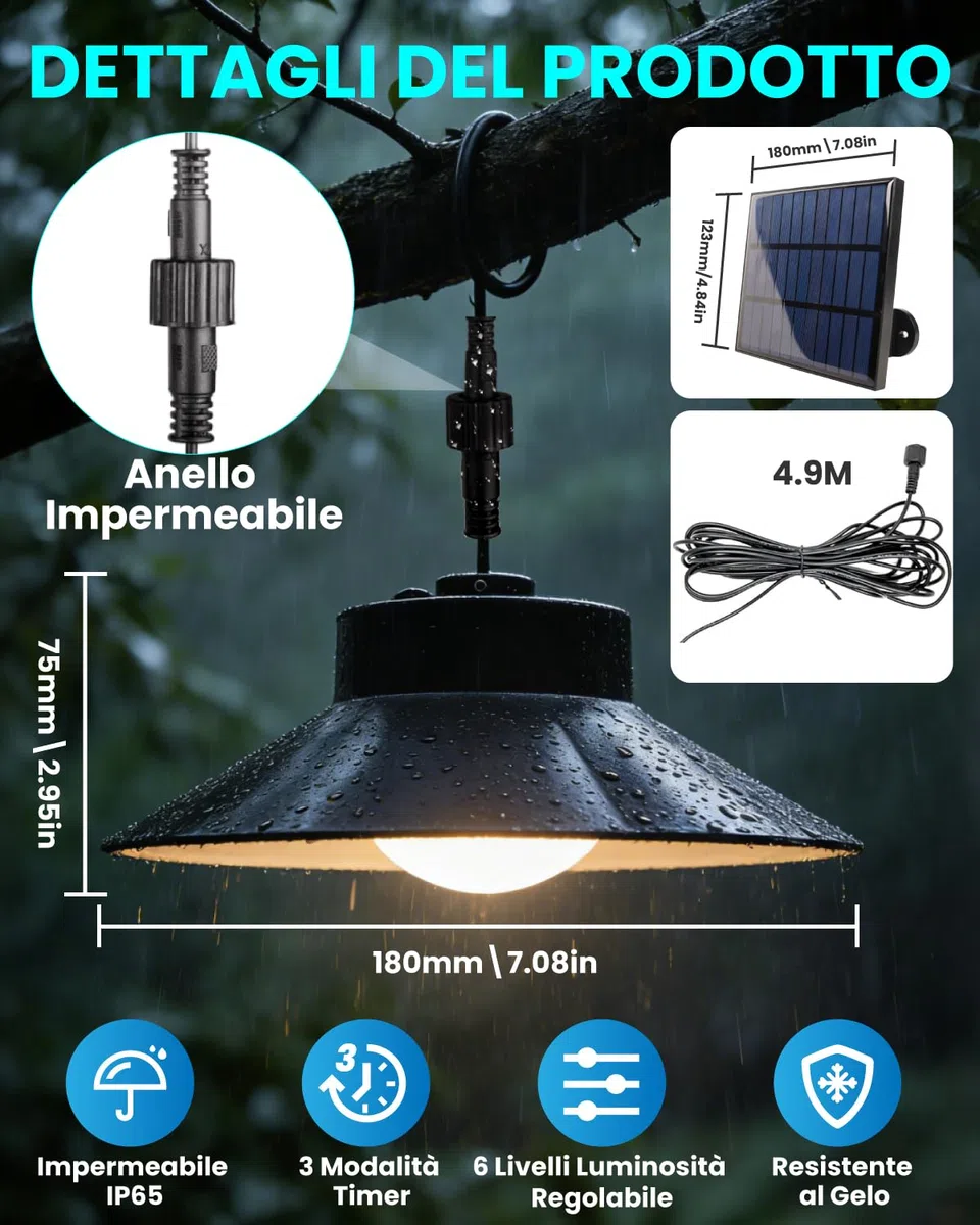 Lampada Solare Sospesa da Esterno, Lampade Solari Pendenti per Esterni, 3 Temperature di Colore con Timer, Telecomando, Regolazione della Luminosità, Impermeabile IP65, Lampade Solari Pendenti