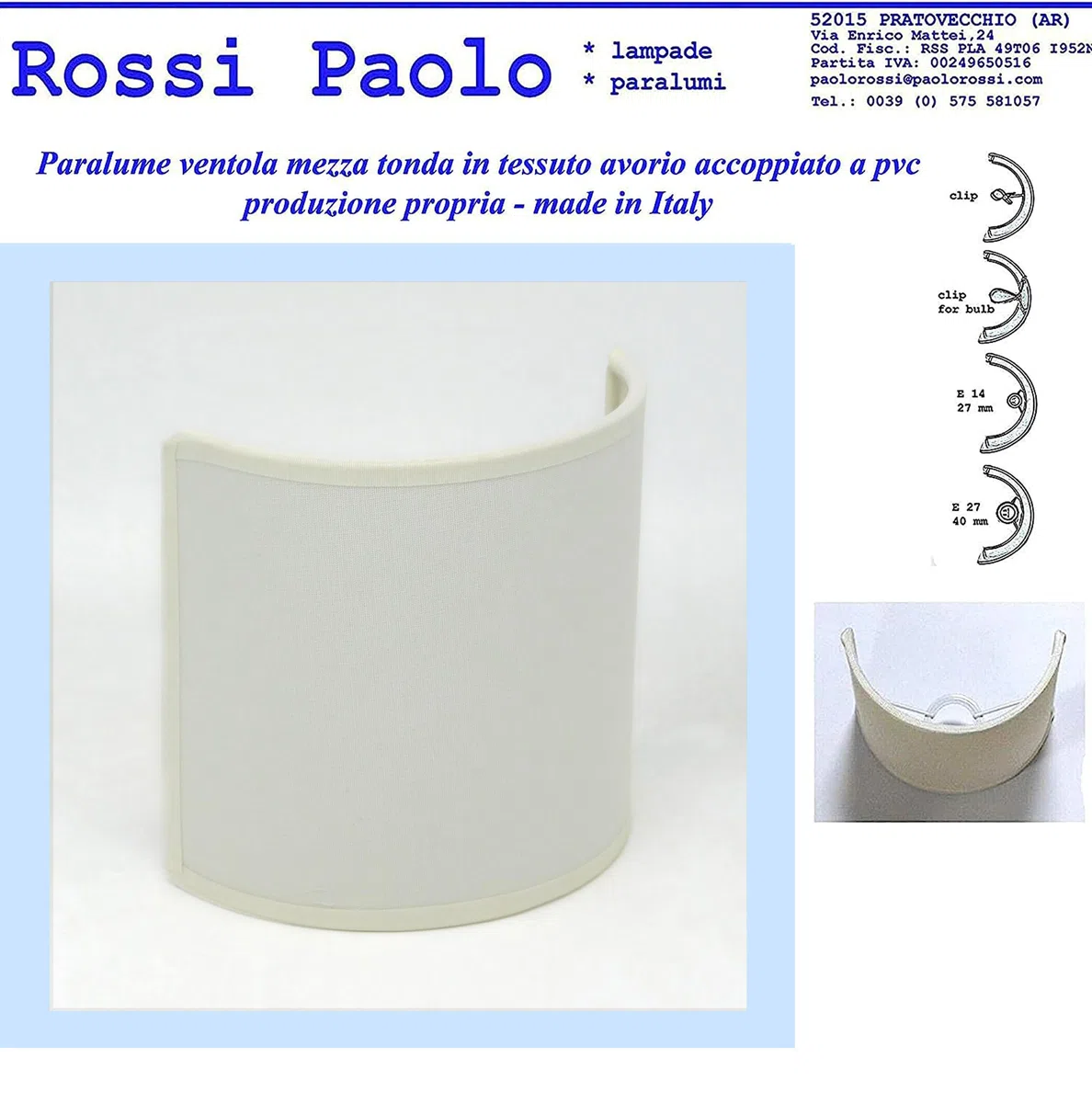 Paralume classico moderno vela ventola mezza tonda in tessuto accoppiato a PVC - produzione propria - made in Italy (avorio, cm 20)