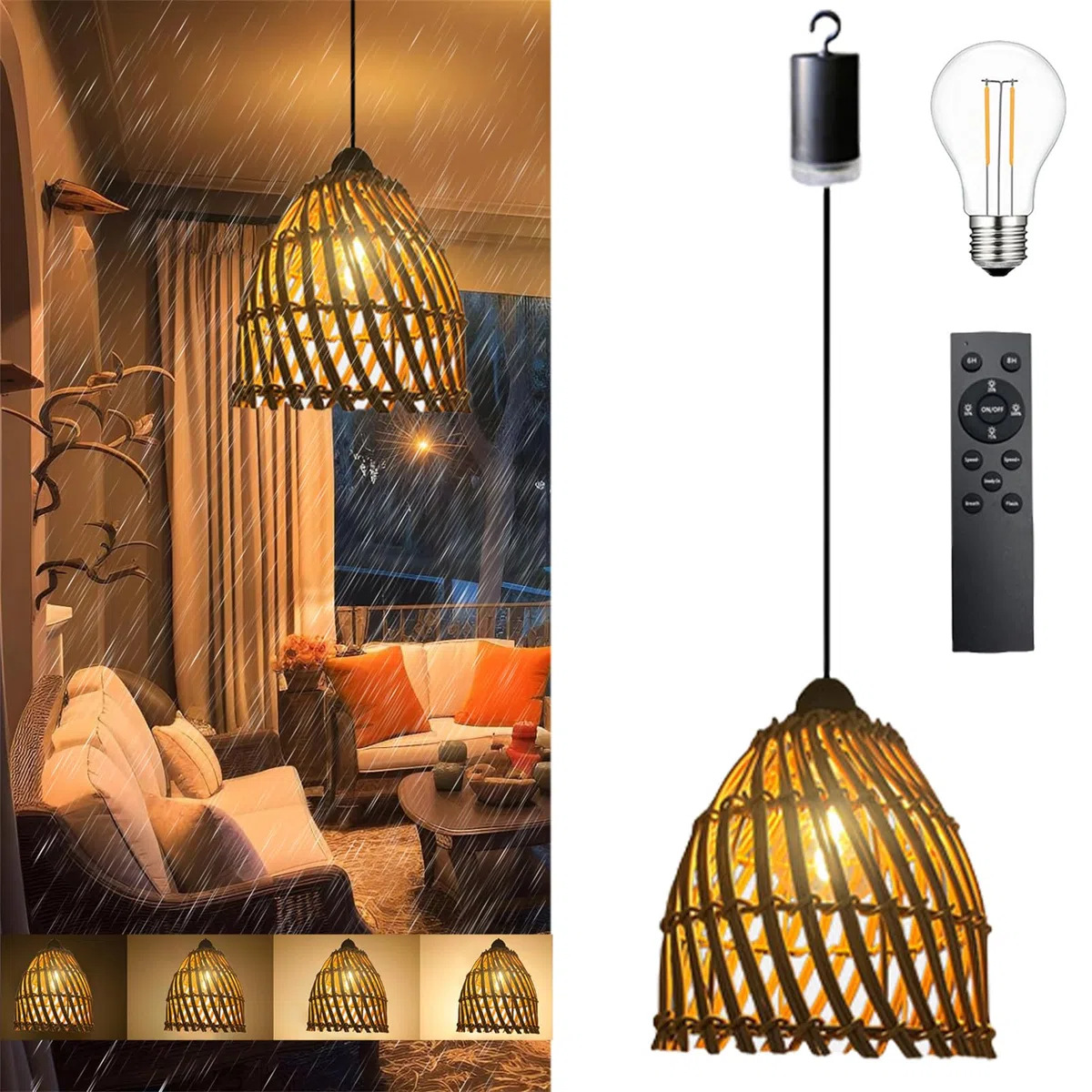 Lampadario Da Esterno A Batteria Lampadario A Sospensione A Batteria Con Telecomando, Lampadario Rattan Da Esterno Luminosità Regolabile Timer Lampadario Da Esterno Per Gazebo