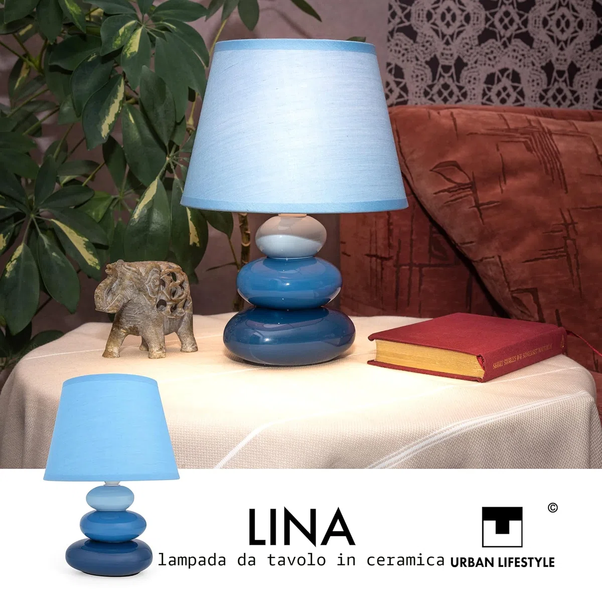 Urban Lifestyle Lampada da Comodino Lina(Blu) Lampada da Tavolo in Ceramica con Paralume in Tessuto, LED Adatto, E14, Lampada da Tavolo in Ceramica 230V, Lampada da Comodino