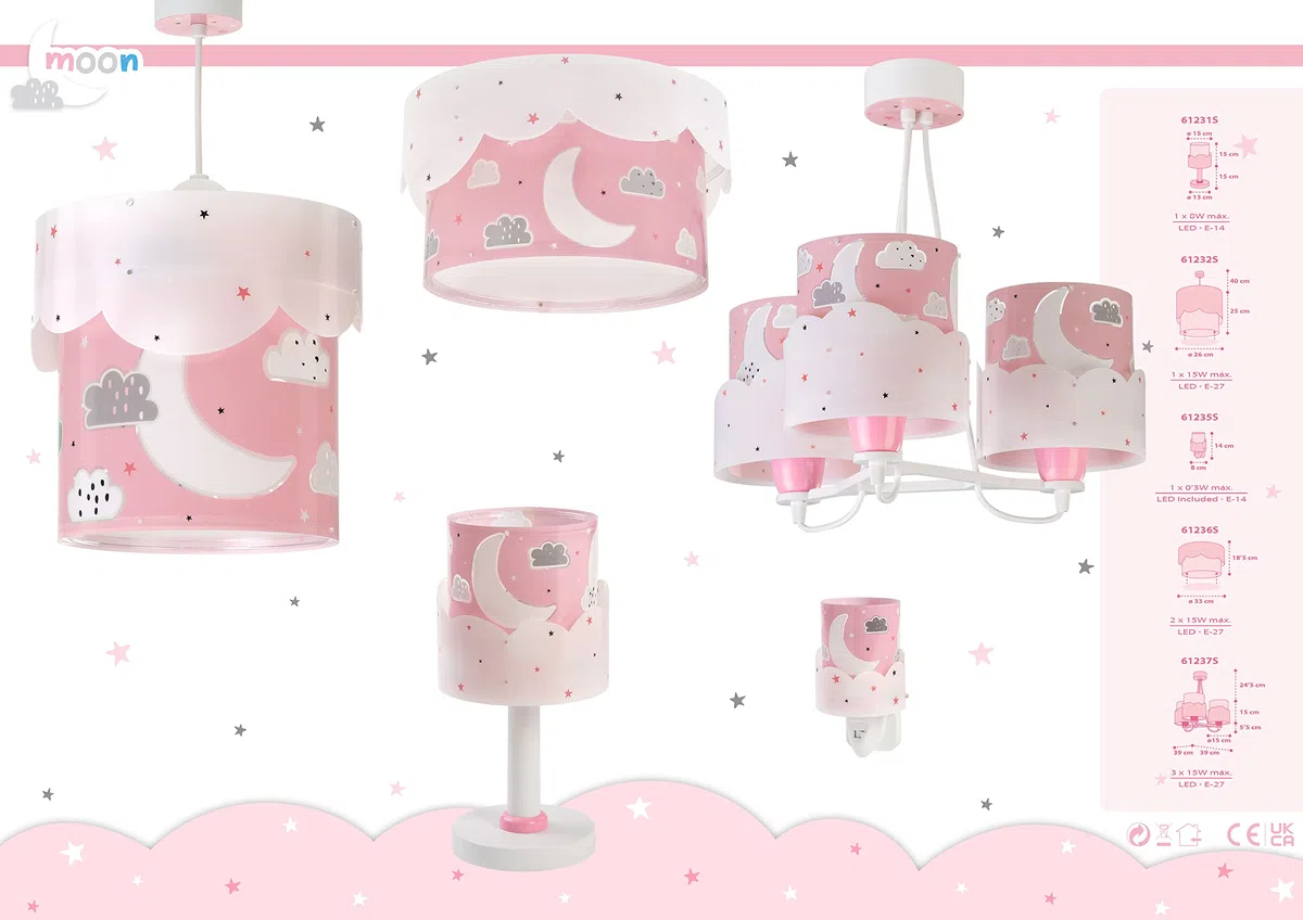 Dalber Lampada da comodino Moon, design luna e nuvole rosa