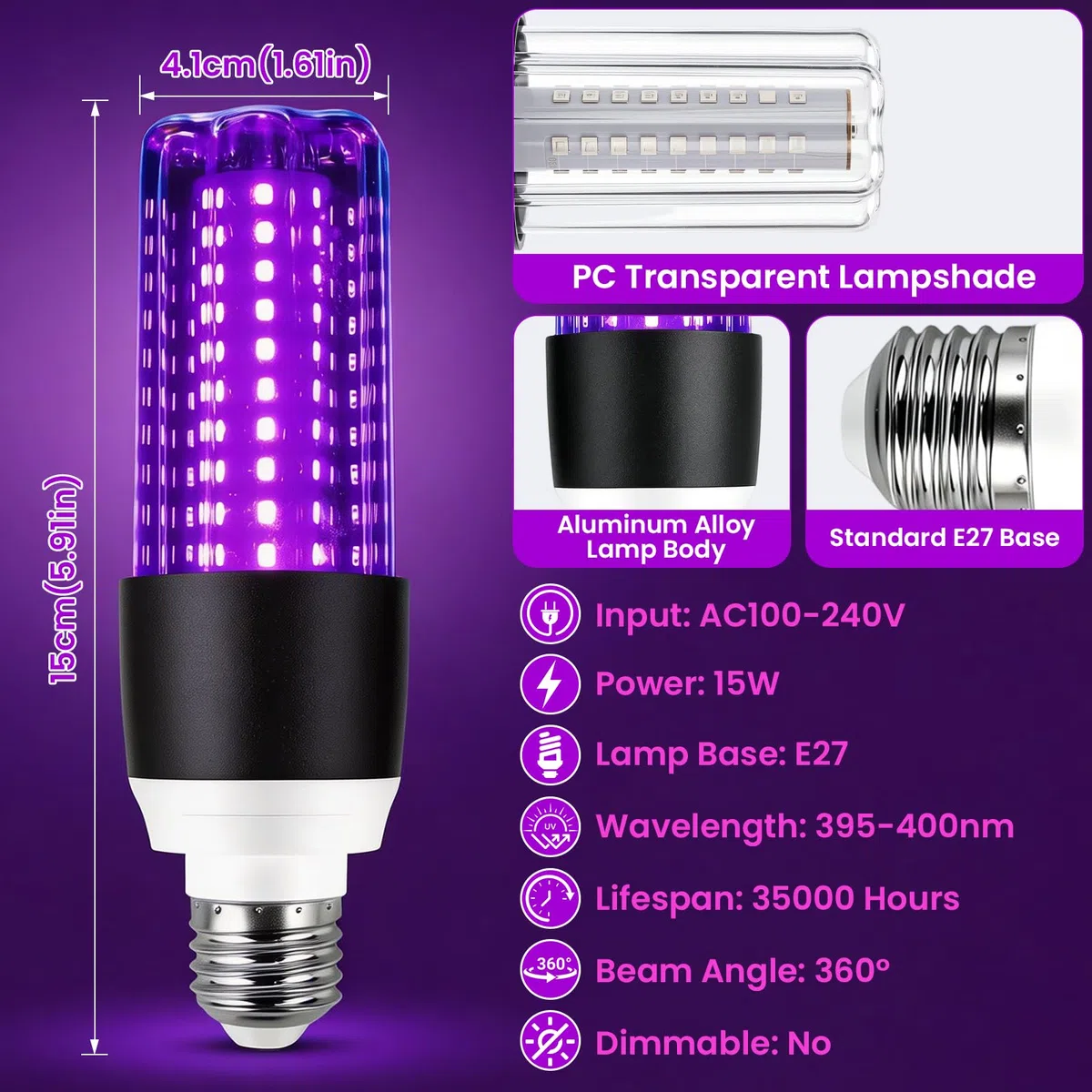 2 Pezzi Lampadina UV 15W, Lampadina Luce Nera E27, 395-400nm Black Light Bulb, Lampadina Ultravioletti per Festa Glow, Acquario, Bar, Poster Fluorescente, Halloween, Discoteca
