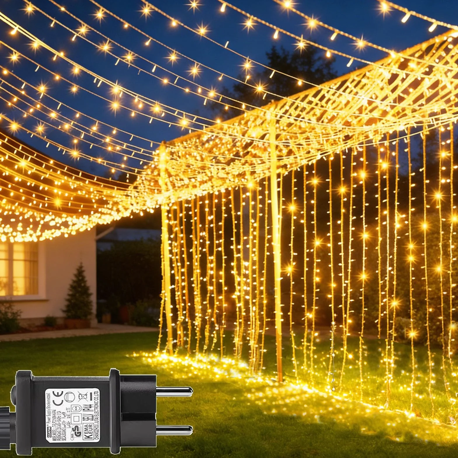 yowin Tenda Luminosa Esterno Interno 6m x 3m 600 LED Cascata Luci Impermeabile IP65 con Timer, 8 Modalità Luci Tenda con Presa per Matrimonio, Gazebo, Finestra, Parete, Giardino - Bianco Caldo