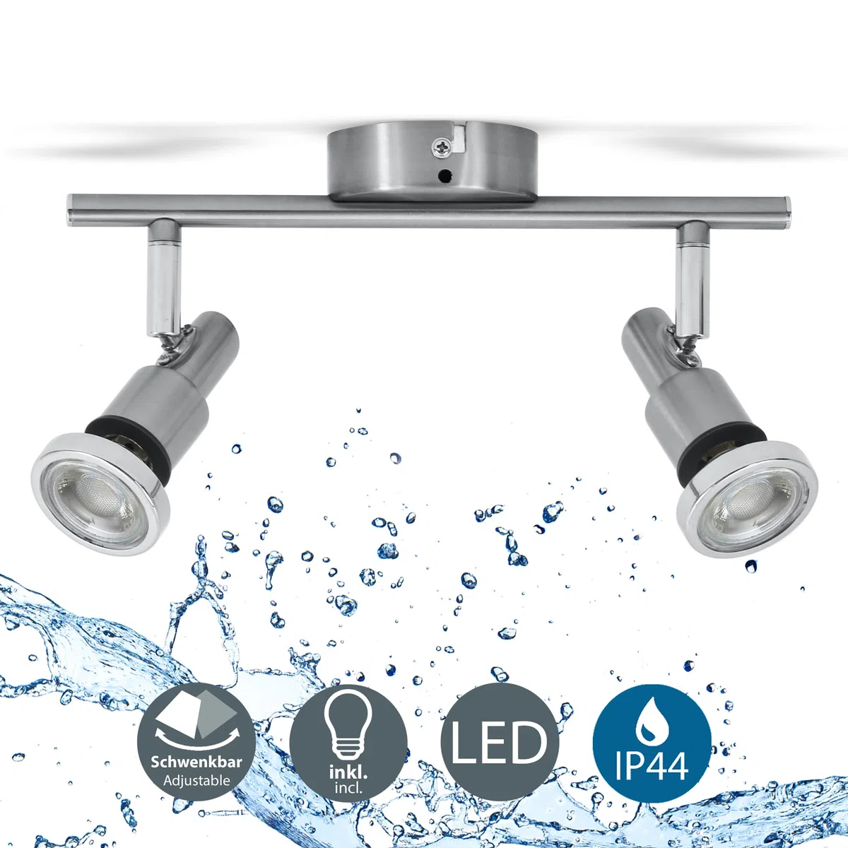 B.K.Licht Faretti LED orientabili, Lampadario bagno resistente agli schizzi d'acqua IP44, include 2 lampadine GU10 5W 400Lm, Plafoniera da soffitto metallo color nickel opaco, luce calda 3000K, 230V