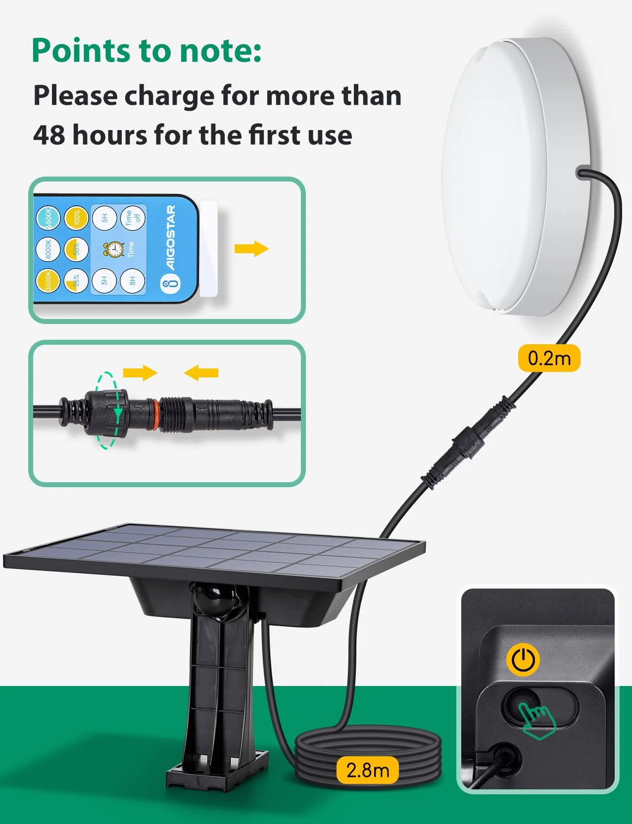 Aigostar Luce Solare Led Esterno con Telecomando 50W 500LM Lampade da Esterno solari IP65 Impermeabile plafoniera solare per interni/esterni, regolabile 3000K/4000K/6500K, Lunghezza cavo 3M