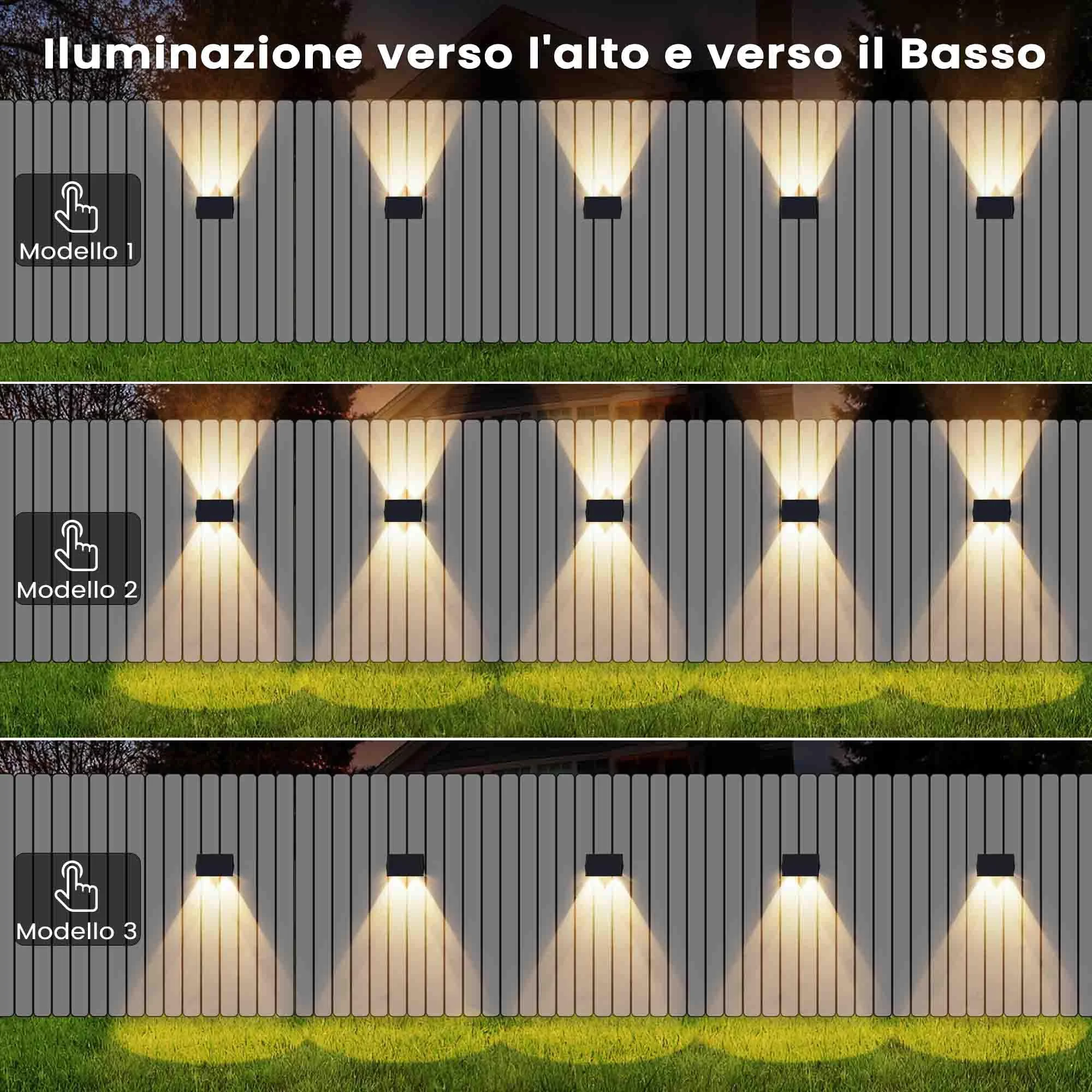 Lampada Solare da Esterno di 4 Pezzi Alto e Basso Luci Solari Esterno Energia Bianco Caldo Illuminazione per Esterni 100LM Applique da Solare IP67 per Muro Vialetto Giardino