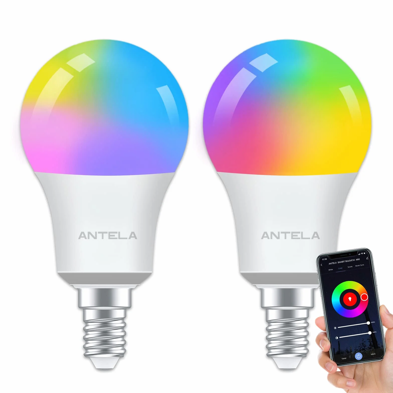 ANTELA Lampadine LED Alexa Inteligente WiFi E14, Dimmerabile Lampadina Smart 7W 806ML 60W equivalente, RGB & 2700K-6500K bianco freddo caldo, compatibile con Alexa/Google Home, 2 pezzi