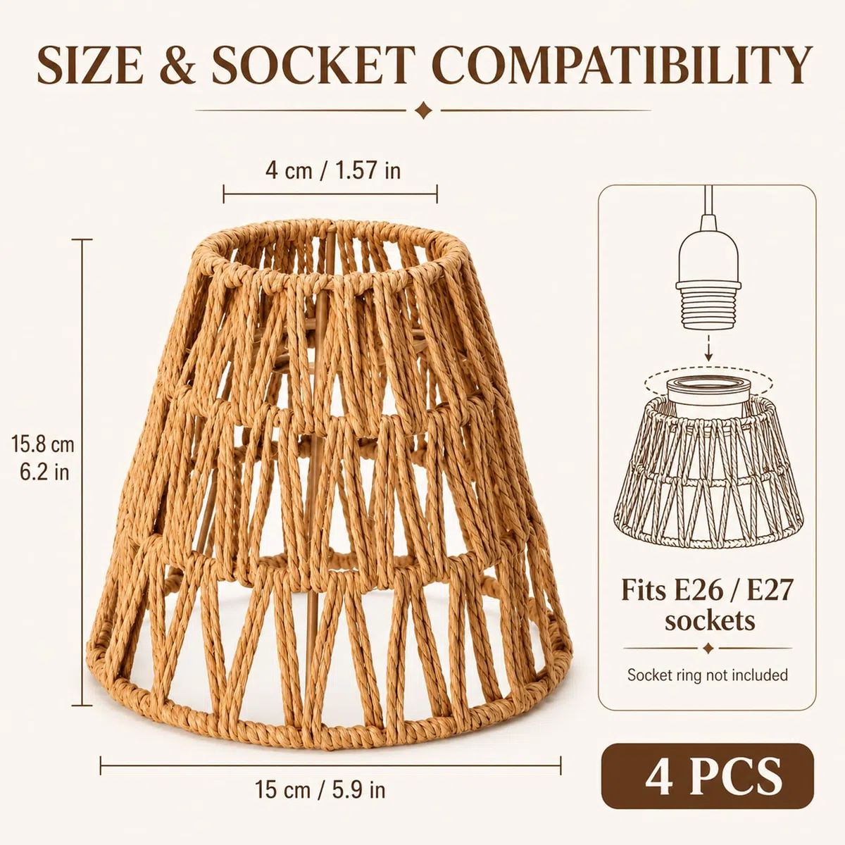 4 Pezzi Paralume in Rattan Naturale: Paralume in Stile Boho Rattan, Semplice Montaggio E Lunga Durata, Paralumes Rattans Intrecciato Lampada per Lampadario Soffitto Lampada Da Tavolo Lampade