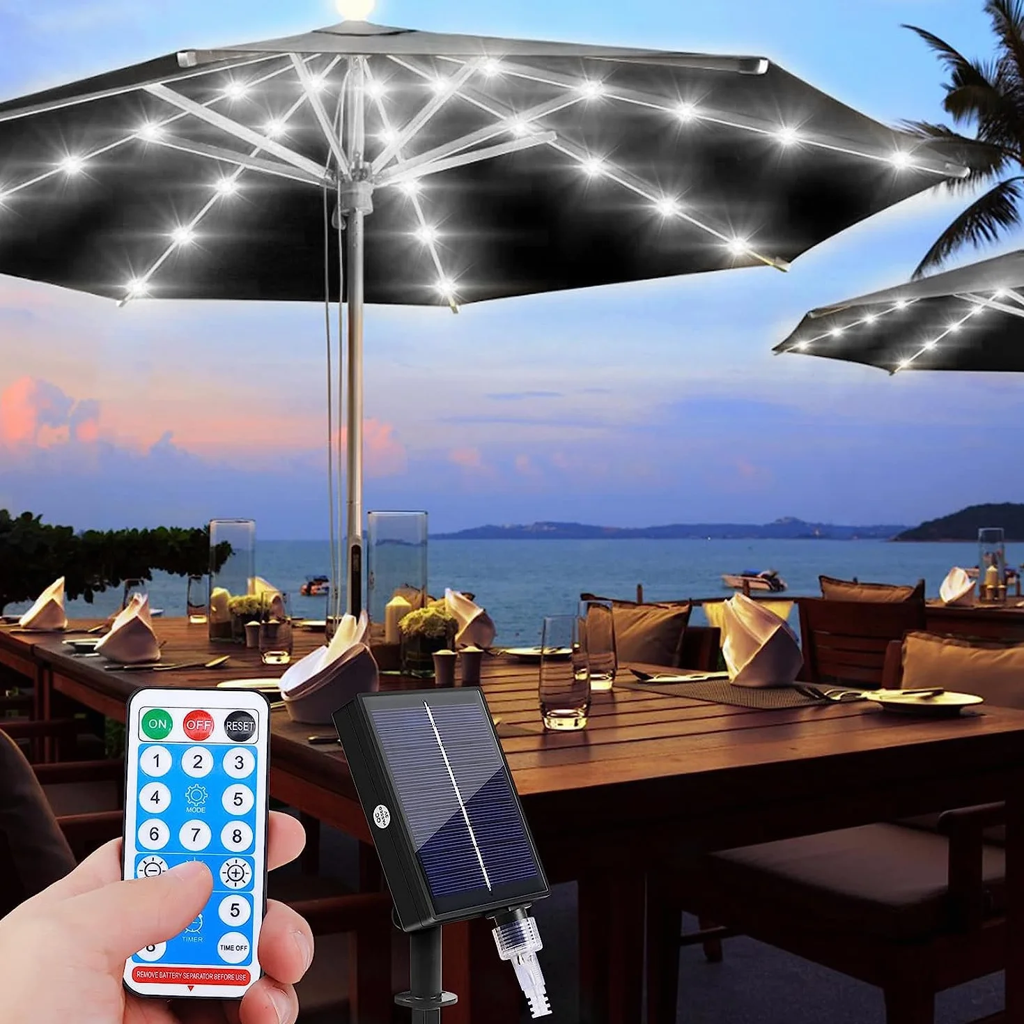 Luci a catena per ombrellone da patio, KINGCOO, luce per ombrellone impermeabile a energia solare con 104 LED, luci per palo da parasole, decorazione, 8 modalità, telecomando per ombrelloni da patio