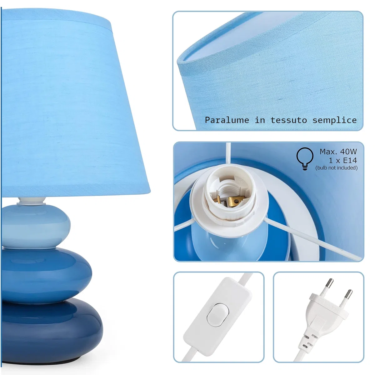 Urban Lifestyle Lampada da Comodino Lina(Blu) Lampada da Tavolo in Ceramica con Paralume in Tessuto, LED Adatto, E14, Lampada da Tavolo in Ceramica 230V, Lampada da Comodino