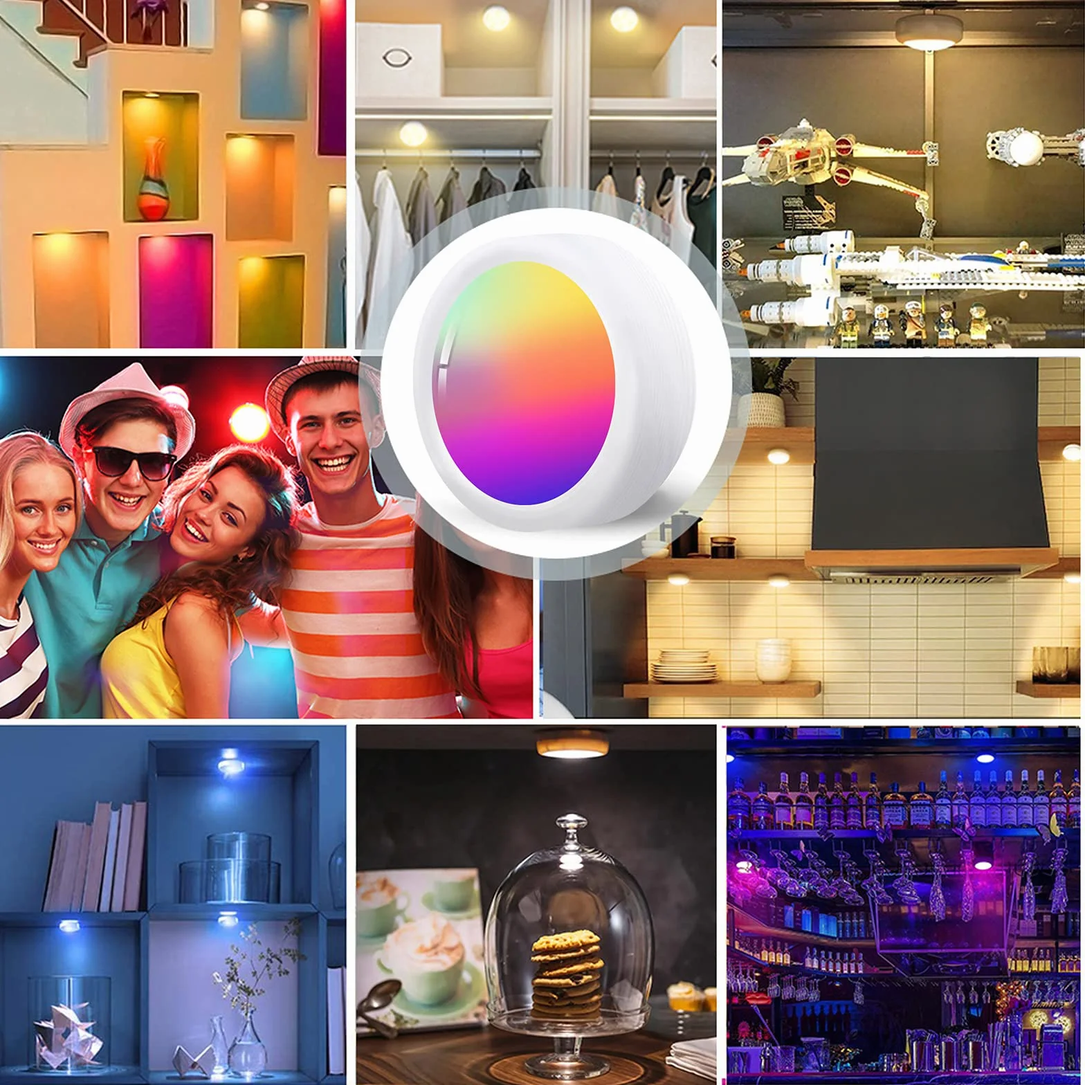 Faretto LED RGB a Batteria, 3 Pezzi Luce da Armadio Senza Fili con Telecomando Luci Sottopensile Cucina Colorate Faretti Senza Corrente Luce Notturna Lampada Adesivi per Scale Vetrine Guardaroba